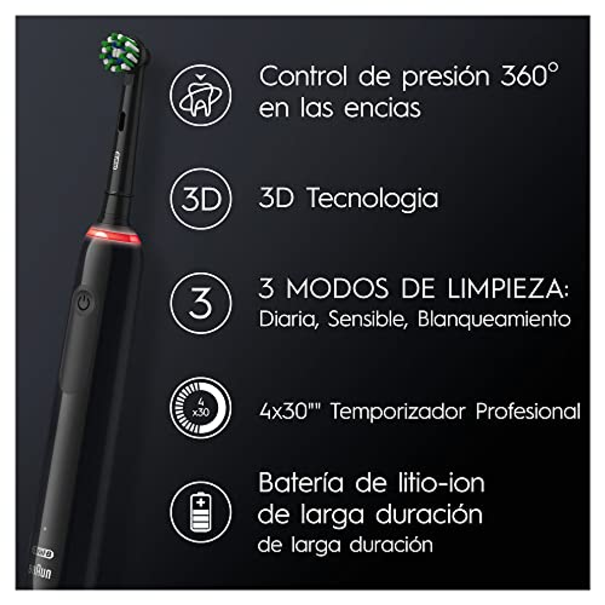 Czarna i biała elektryczna szczoteczka do zębów z etykietami informacyjnymi.