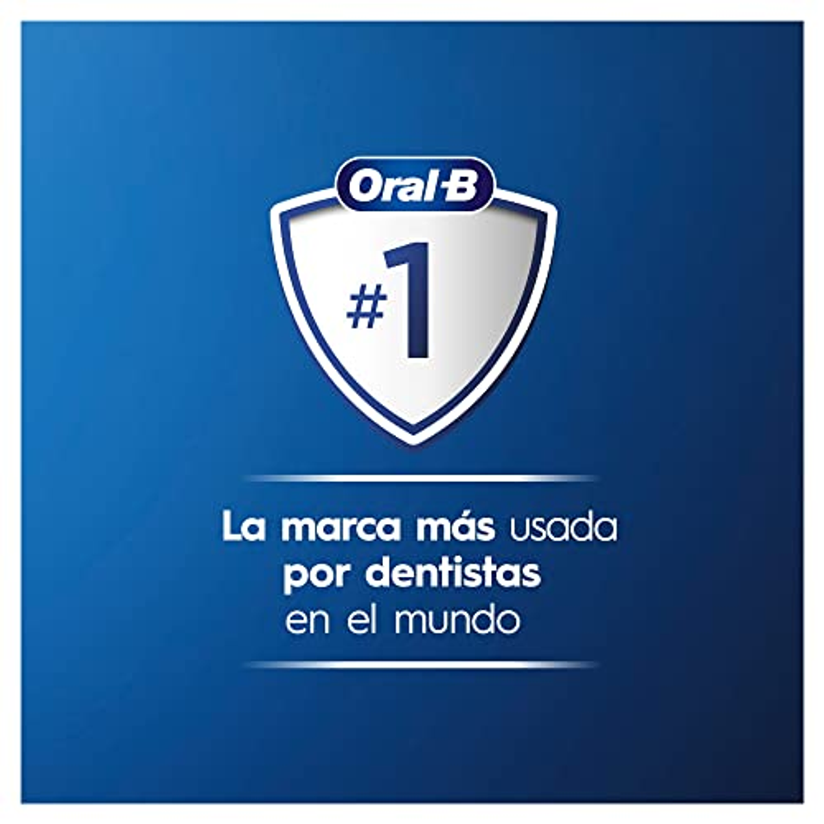 Logo Oral-B na niebieskim tle. Tekst mówi 'Marka najczęściej używana przez dentystów na świecie'.