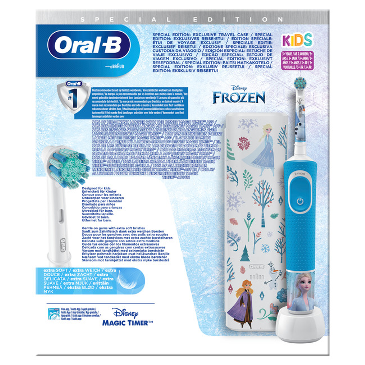 Schachtel mit einer Zahnbürste im Frozen-Design, Bürstenkopf und Ladestation. Enthält Produktinformationen.
