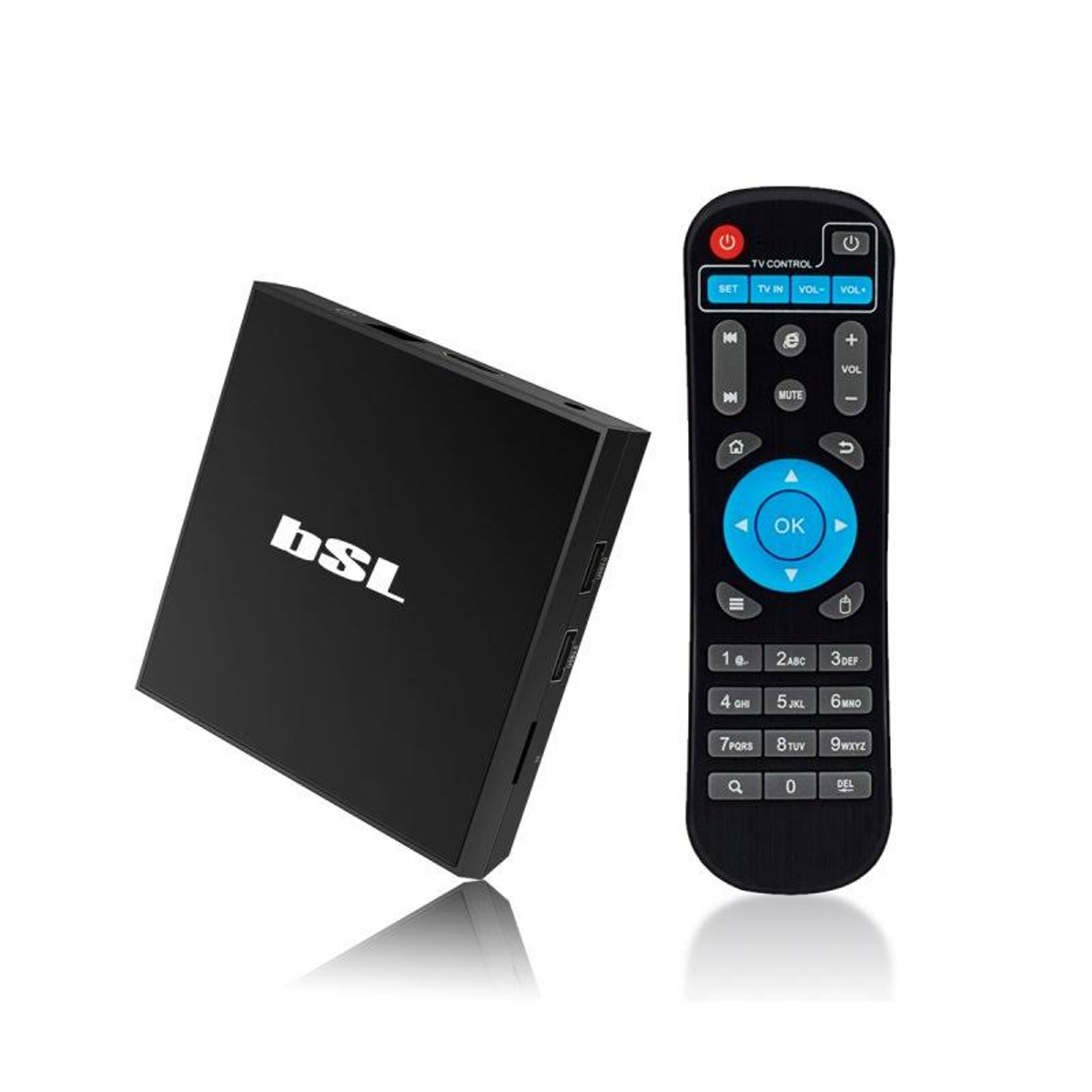 Una caja de TV negra y un mando a distancia. La caja tiene el logo 'BSL'. El mando tiene botones.