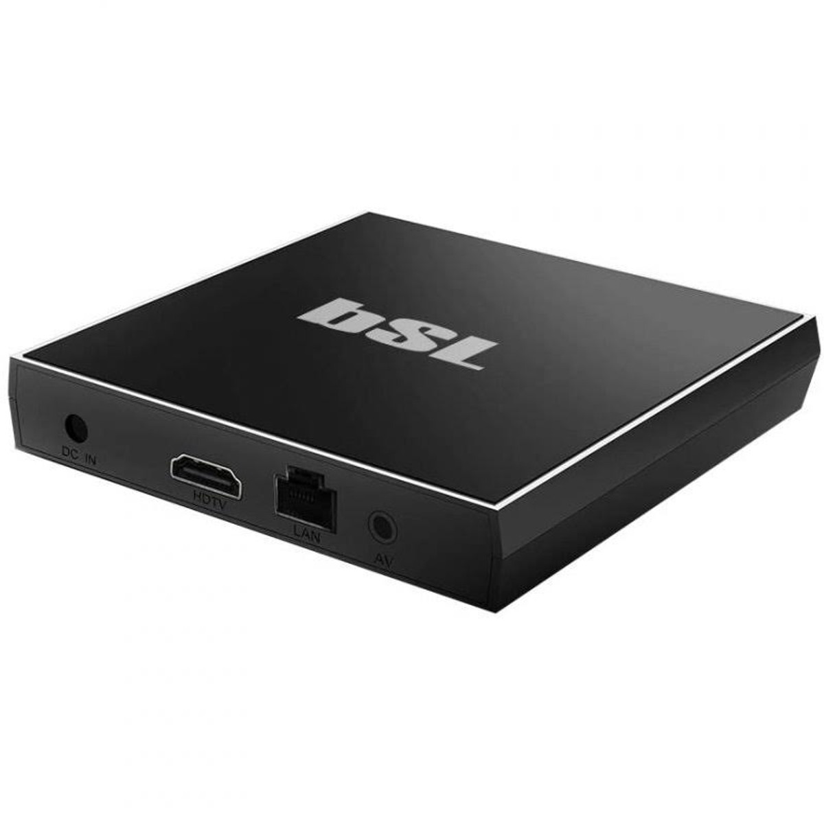 Caja de TV DSL negra con puertos etiquetados, vista en ángulo.