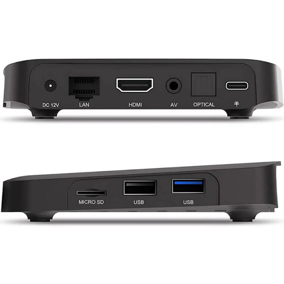 Dispositivo nero con varie porte, tra cui LAN, HDMI e USB, vista dall'alto e dal basso.