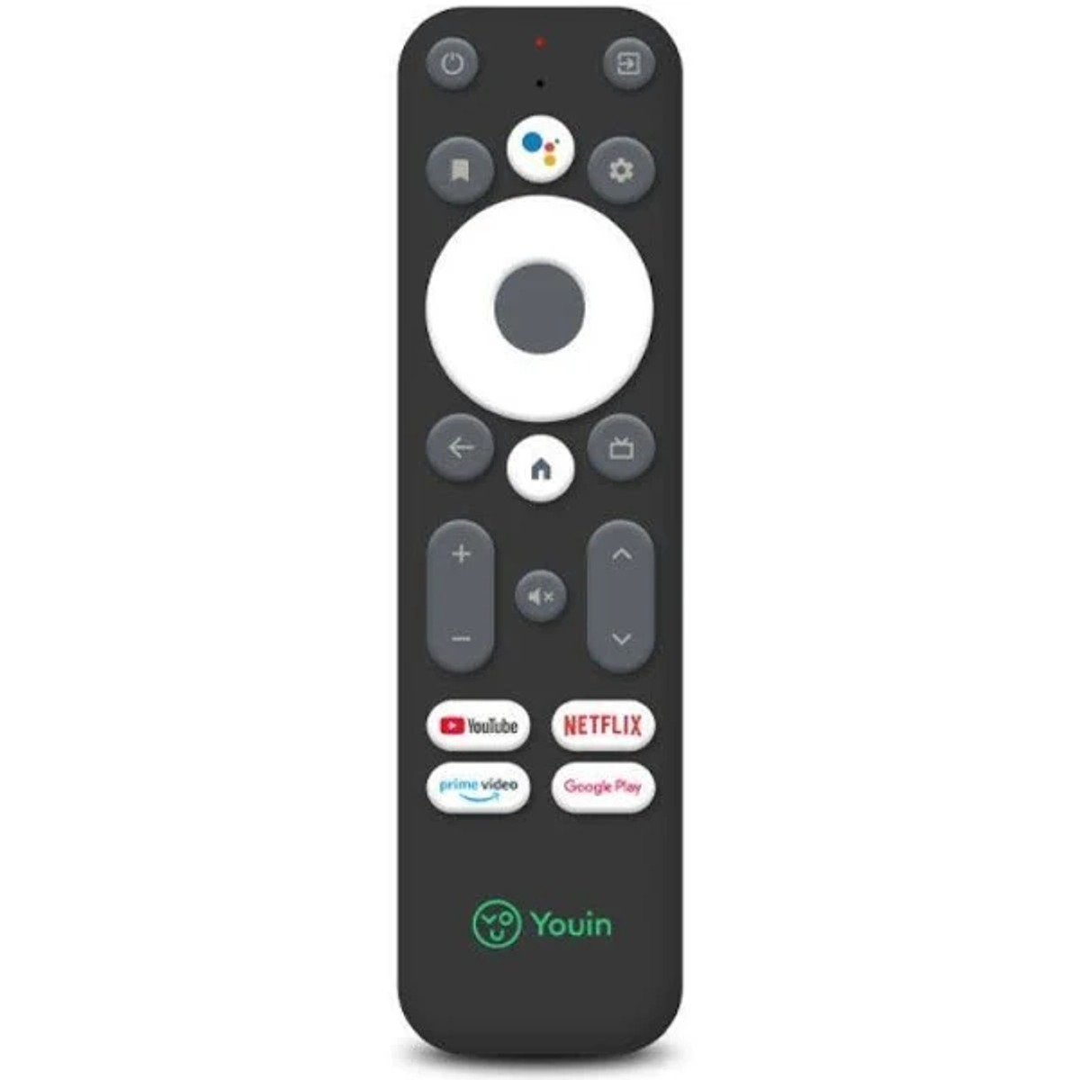 Telecomando nero con pulsanti e loghi per YouTube, Netflix e Google Play.