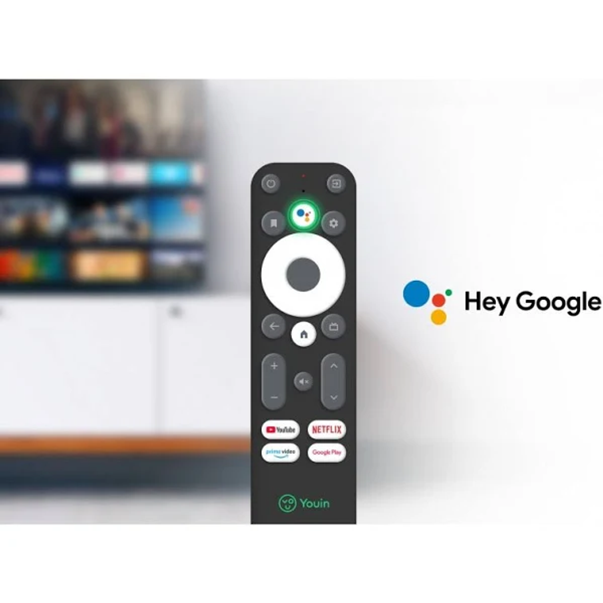 Un telecomando con pulsanti per YouTube, Netflix, Google Play e l'Assistente Google.