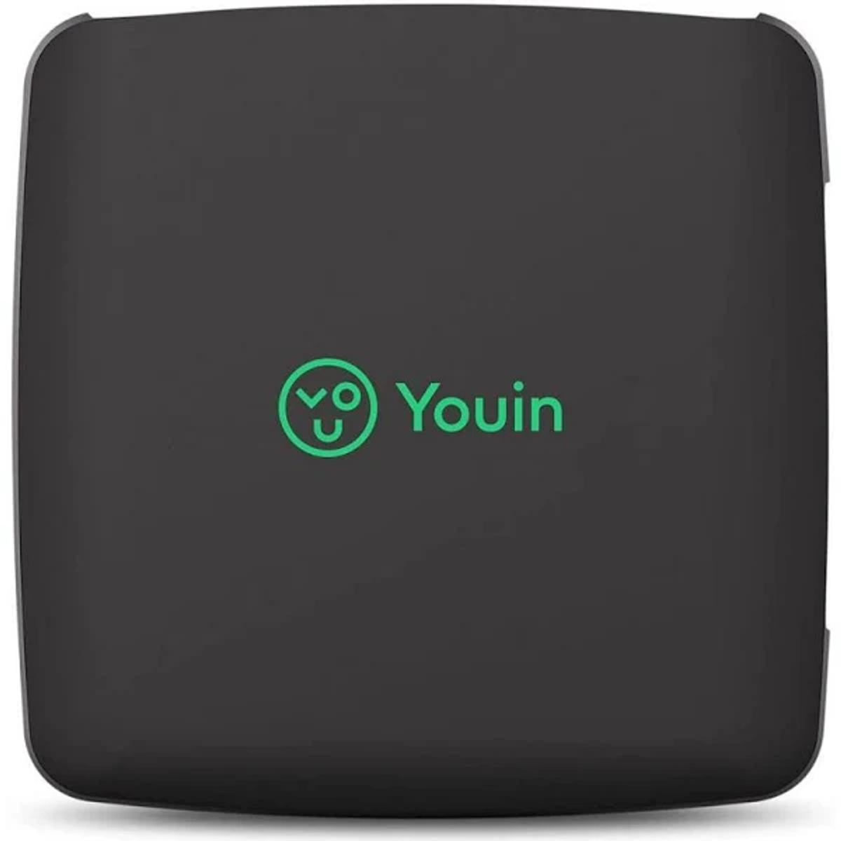 Un dispositivo elettronico nero con logo Youin verde. Sfondo grigio scuro.