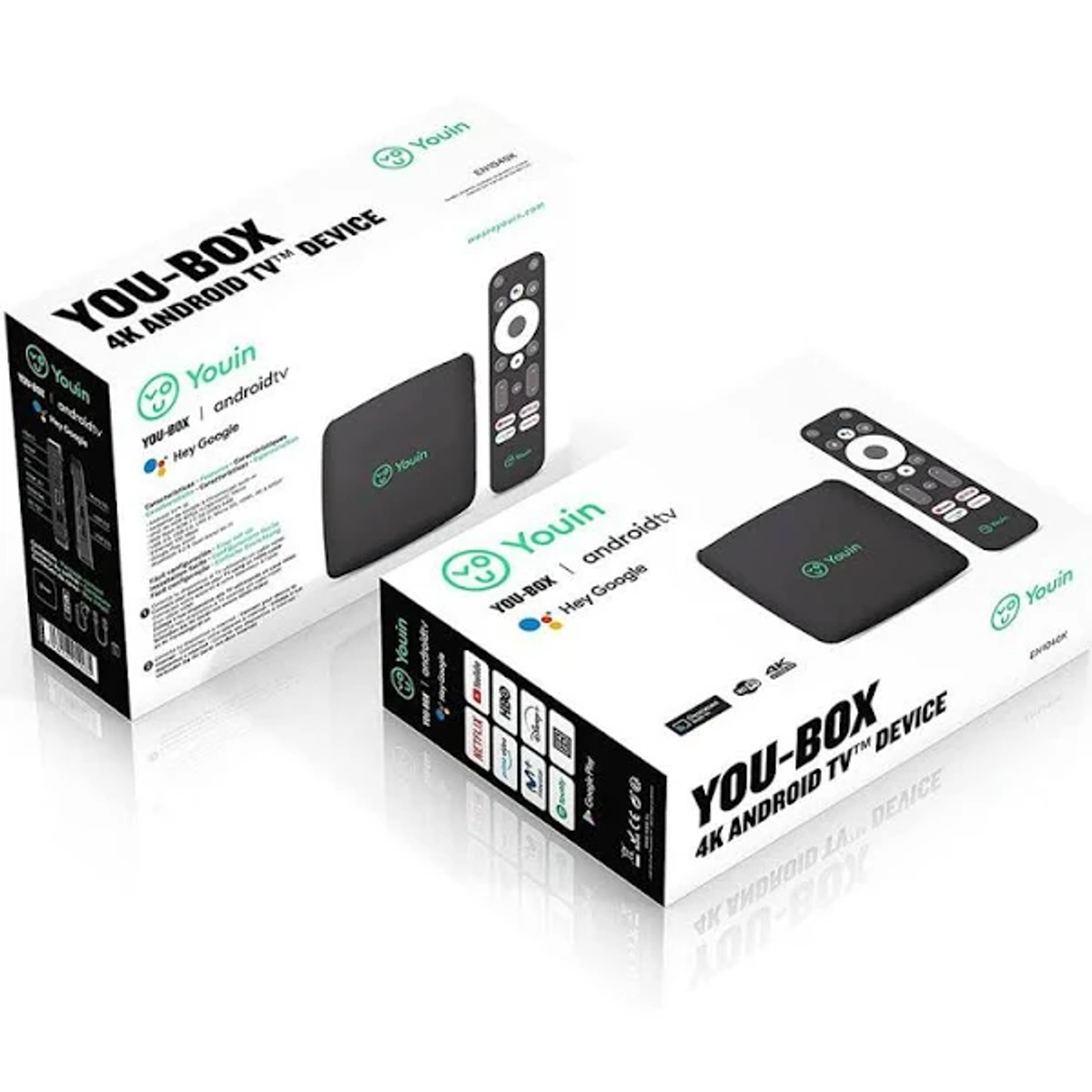 Due dispositivi youin android tv nelle scatole.