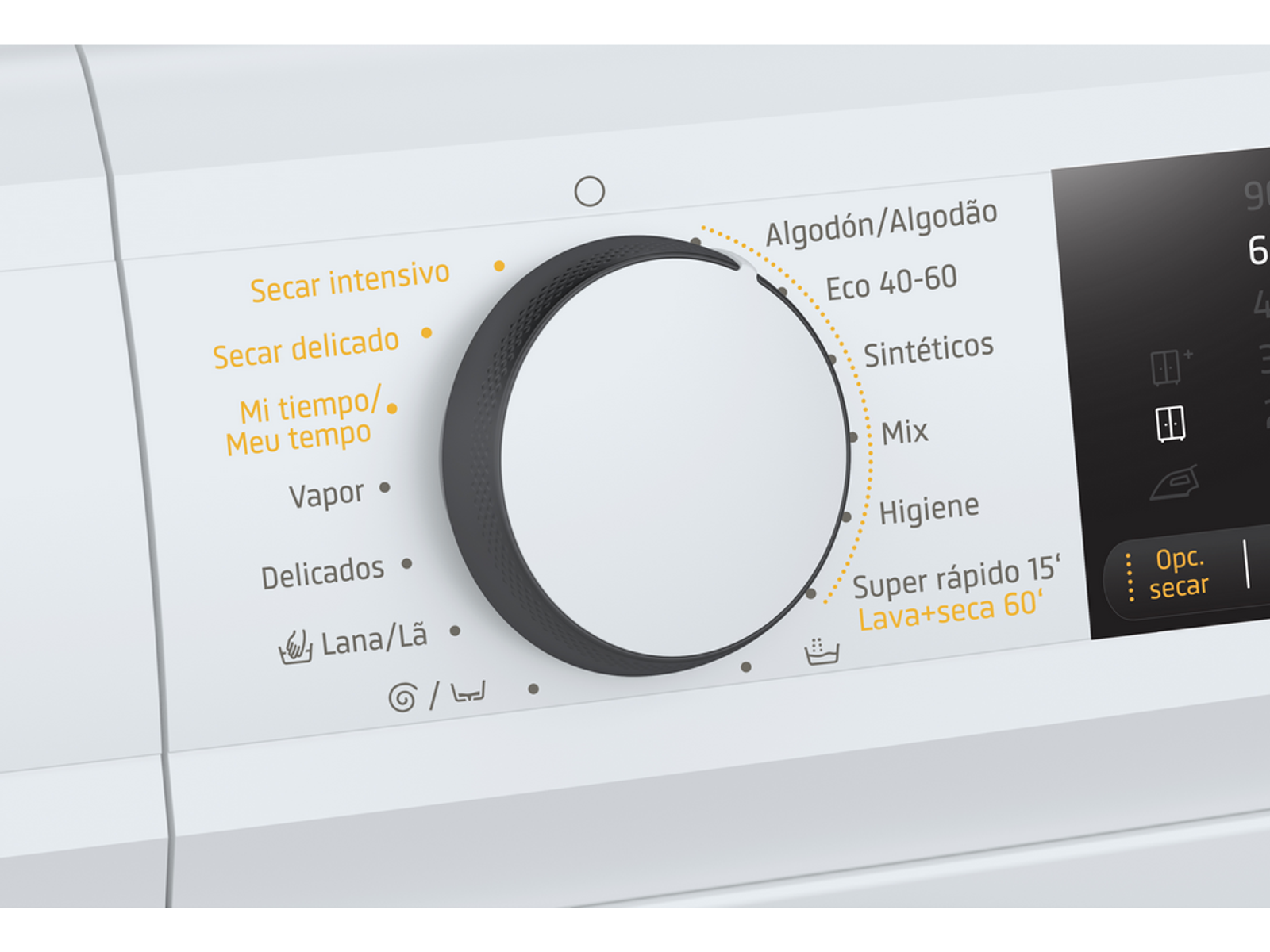 Panel de control de lavadora con dial grande, texto en español y portugués, y una pantalla digital.