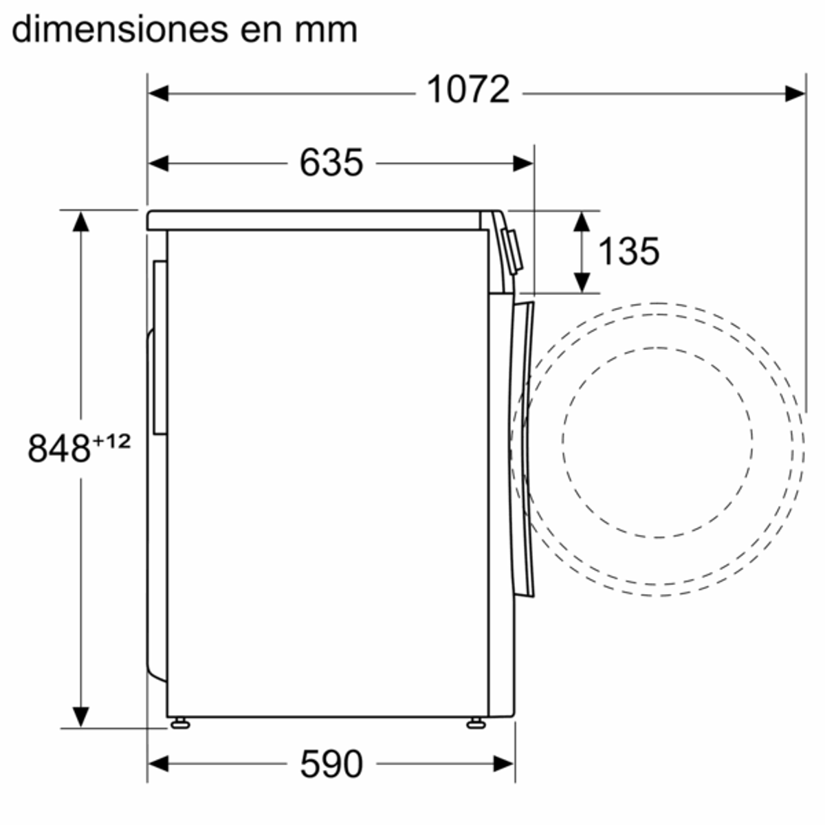 Diagrama de una lavadora con dimensiones etiquetadas. Vista lateral con medidas en mm.