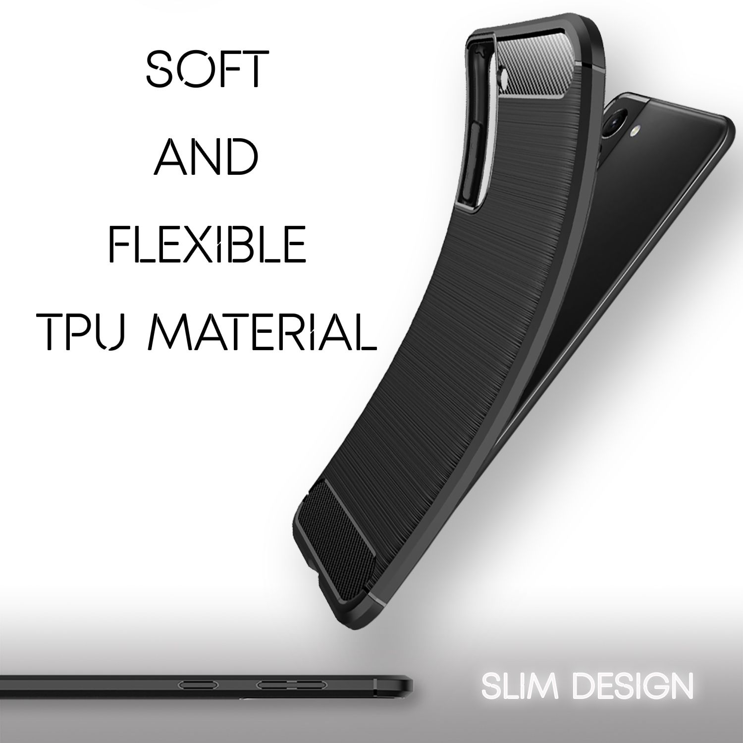 Eine schwarze Handyhülle auf weißem Untergrund. Text lautet 'SOFT AND FLEXIBLE TPU MATERIAL' und 'SLIM DESIGN'.
