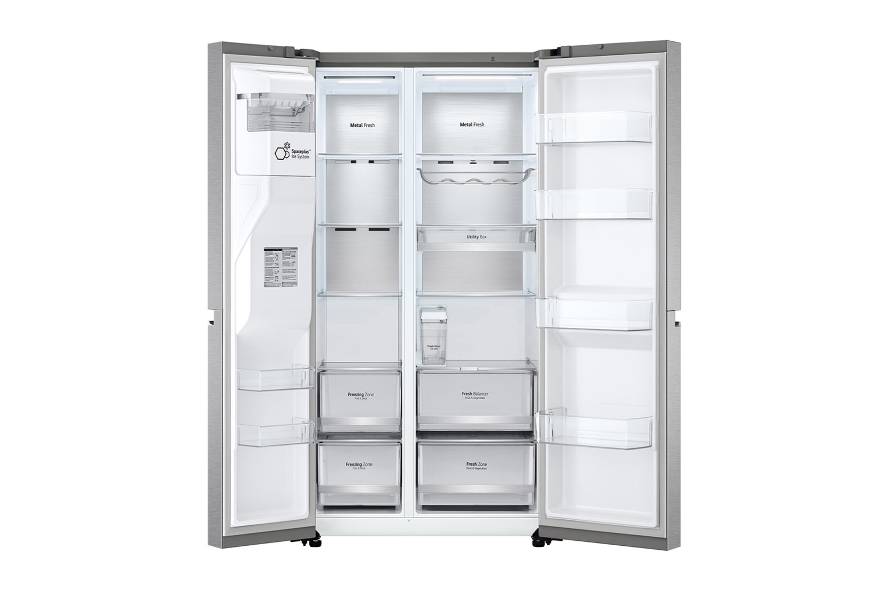 Otwarta lodówka typu side-by-side z drzwiami ze stali nierdzewnej i półkami wewnętrznymi.