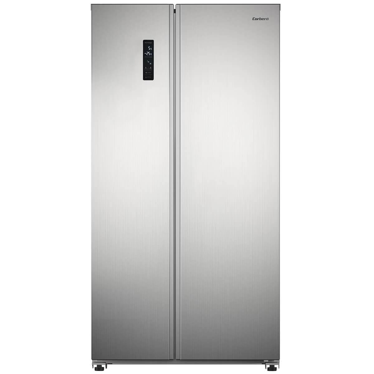 Refrigerador lado a lado de acero inoxidable. Una pantalla digital visible.
