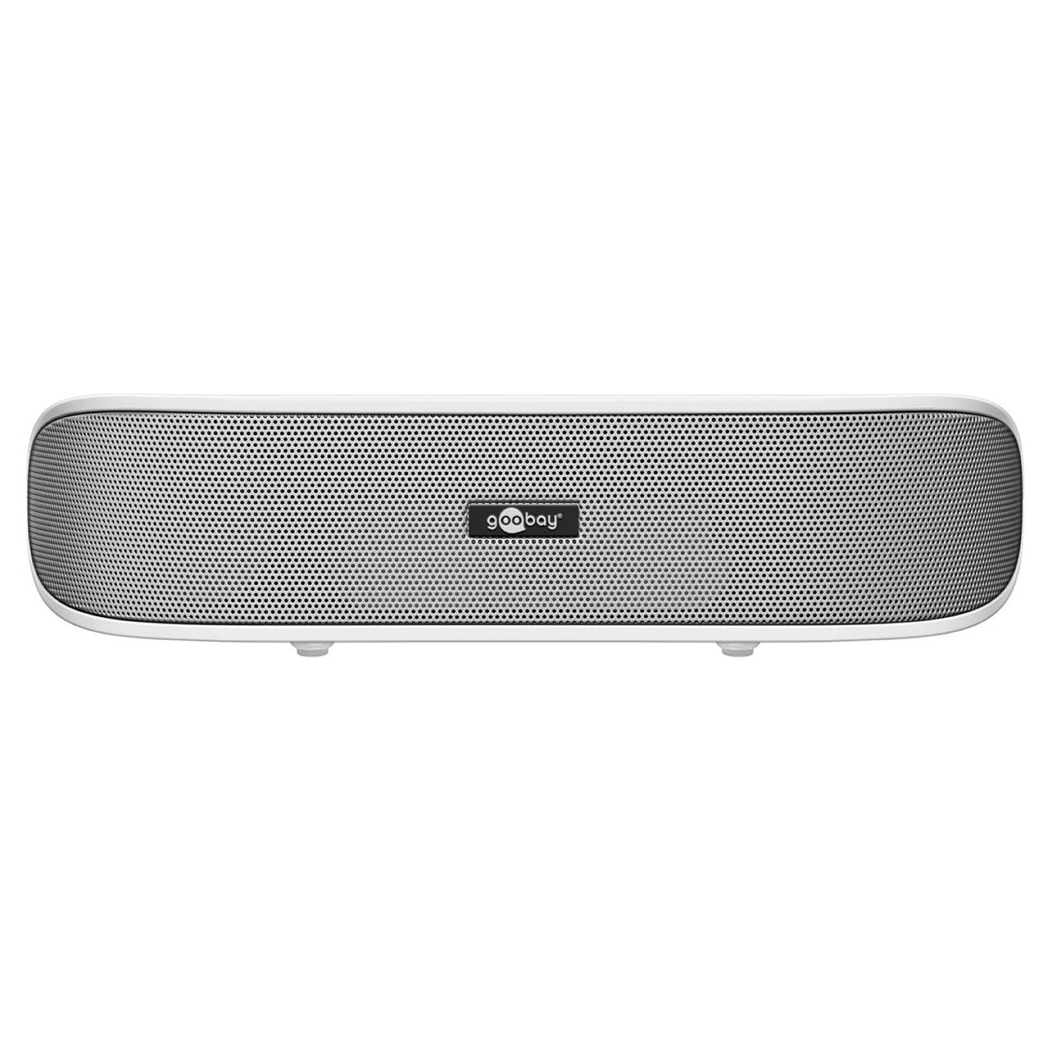 Weißer Soundbar mit Mesh-Front. Das Logo 'goobay' ist sichtbar. Weißer Hintergrund.