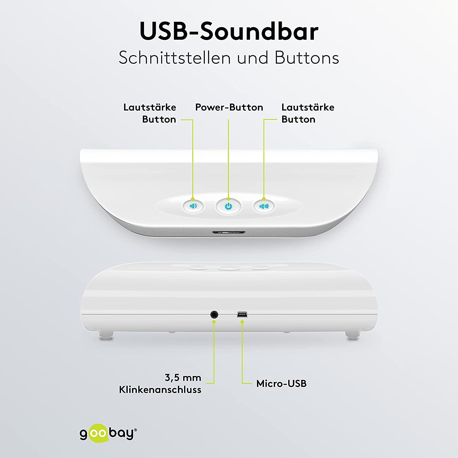 Weiße USB-Soundbar. Hat Knöpfe und Anschlüsse. Der Hintergrund ist hell.
