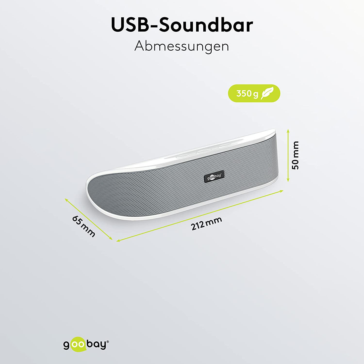 Weiß-graue USB-Soundbar mit Abmessungen und Logo.