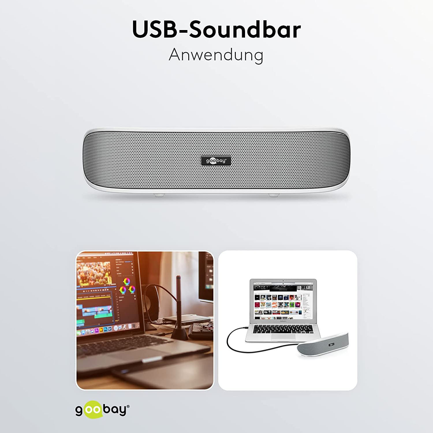 Eine USB-Soundbar mit angeschlossenem Laptop und zwei weiteren zugehörigen Bildern.