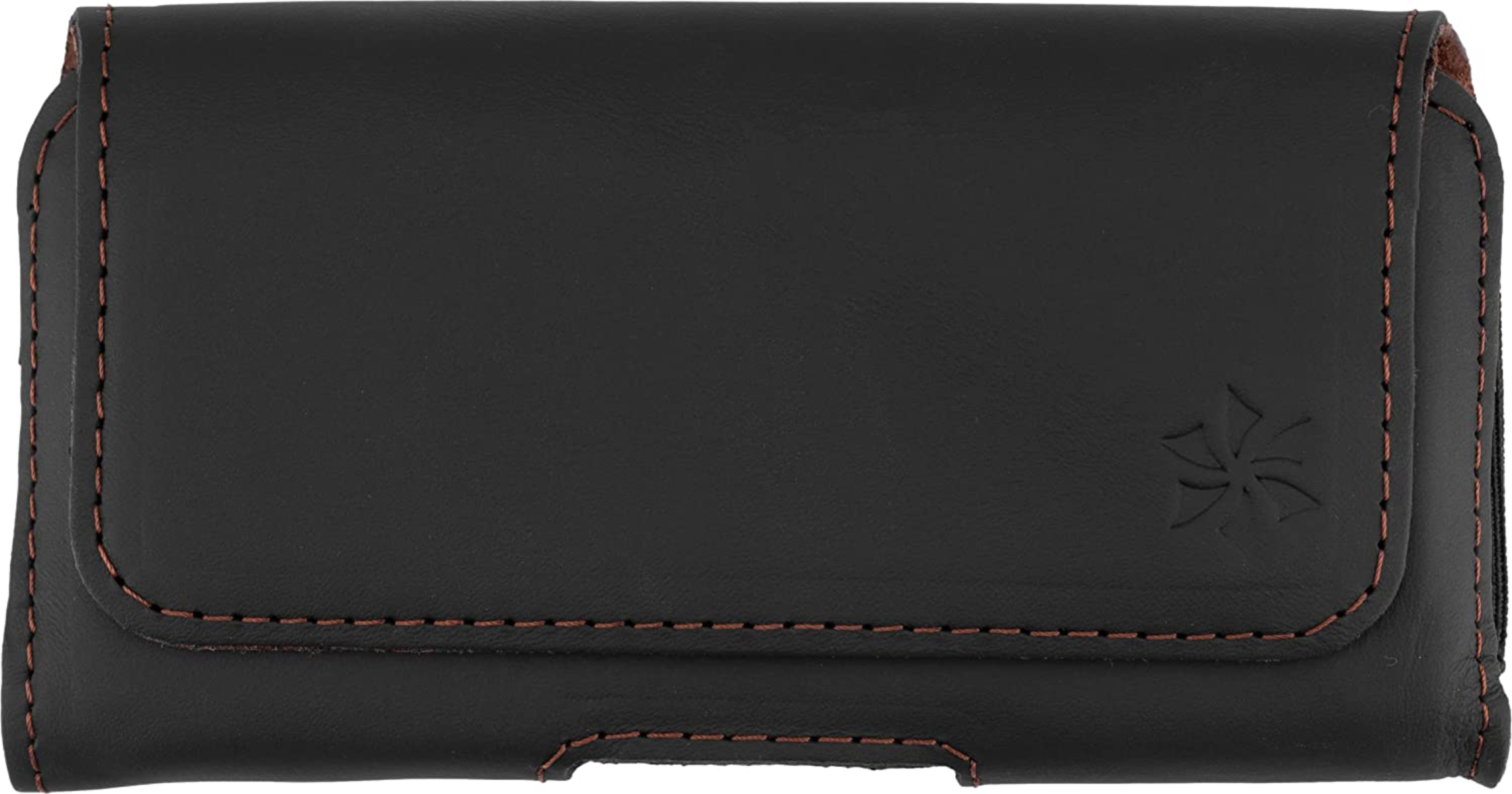 Schwarze Leder-Handyhülle mit braunen Nähten und kleinem geprägtem Logo auf der Vorderseite.