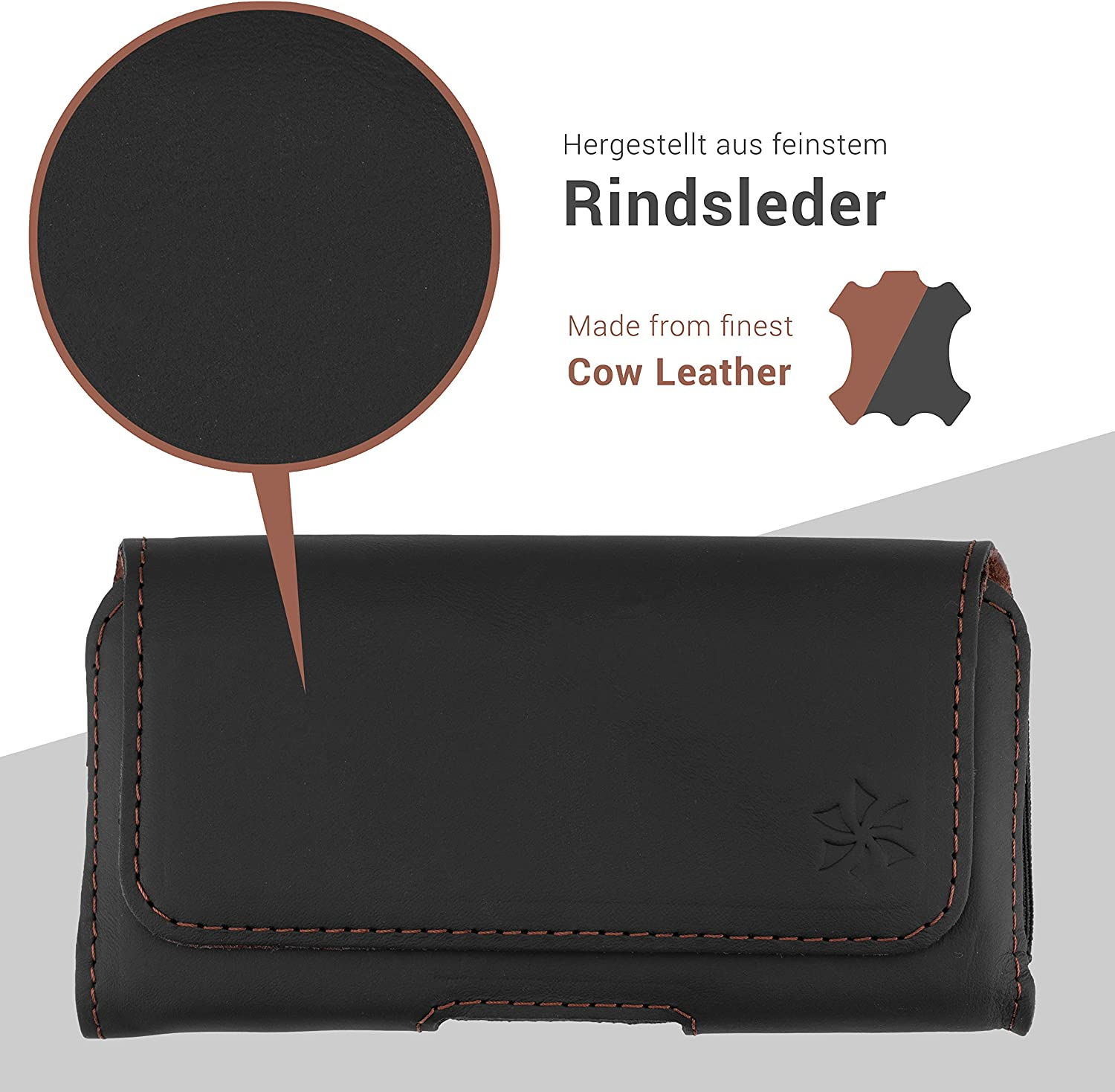 Schwarze Leder-Handyhülle mit braunen Nähten und Lederprobe.