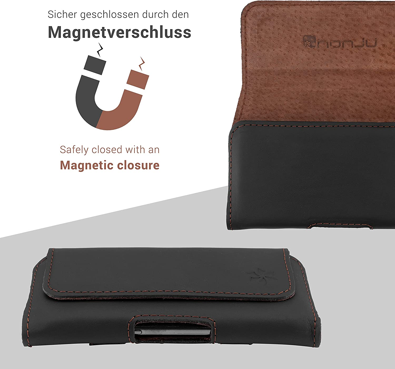 Schwarze Leder-Handyhülle mit Magnetverschluss. Der braune Innenraum ist sichtbar. Die Hülle ist geschlossen.