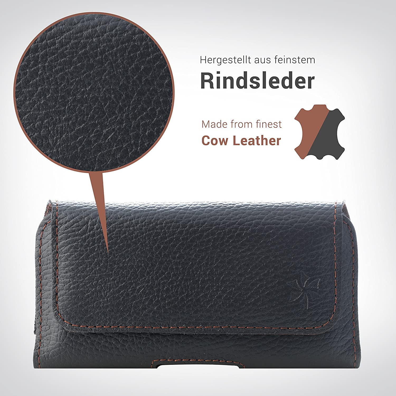 Nahaufnahme einer schwarzen Leder-Handyhülle mit brauner Naht, mit Textüberlagerung.