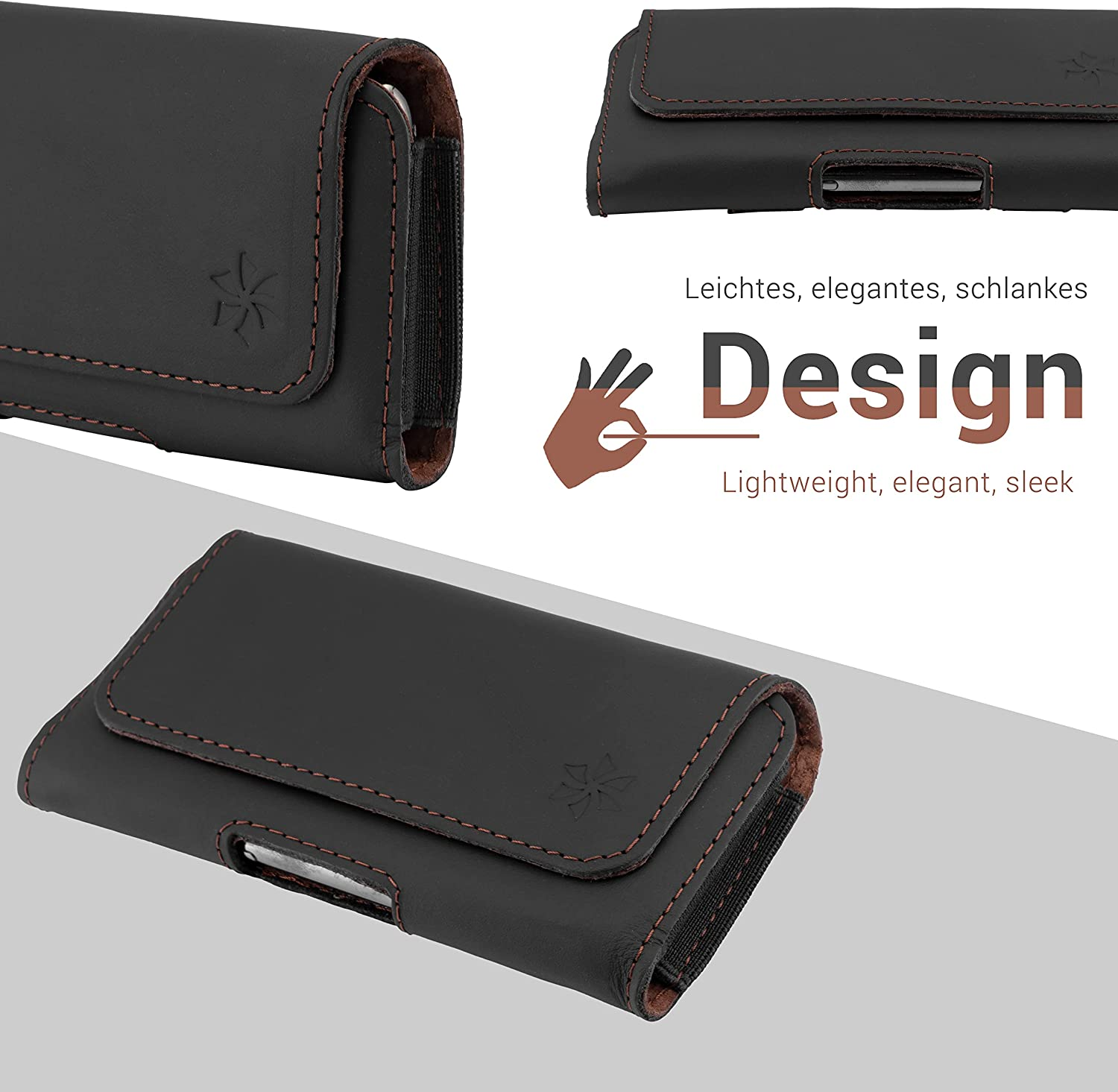 Schwarze Leder-Handyhülle mit drei Ansichten. Der Text lautet 'Design - Leicht, elegant, schlank'.