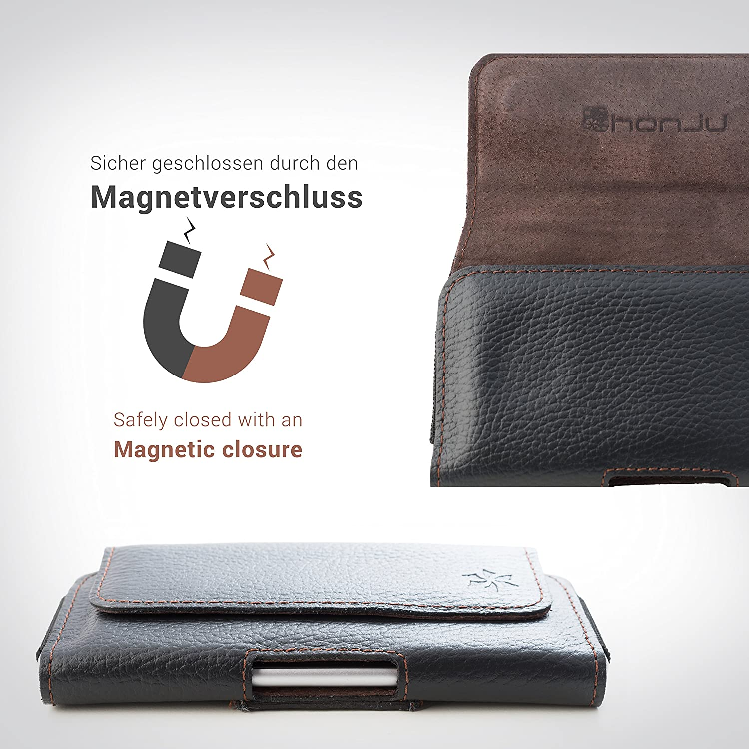 Schwarze Leder-Handyhülle mit Magnetverschluss. Nahaufnahme des Deckels und des geschlossenen Etuis.