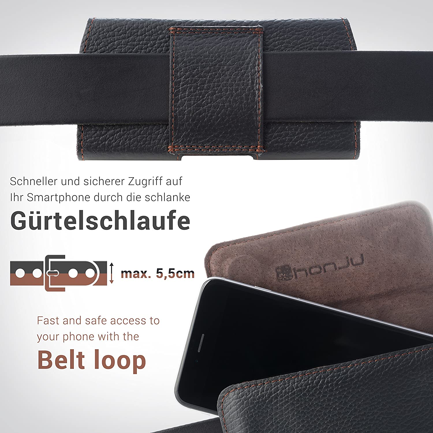 Eine Gürtelschlaufe mit einem Telefon in einer braunen Ledertasche und einem schwarzen Gürtel.