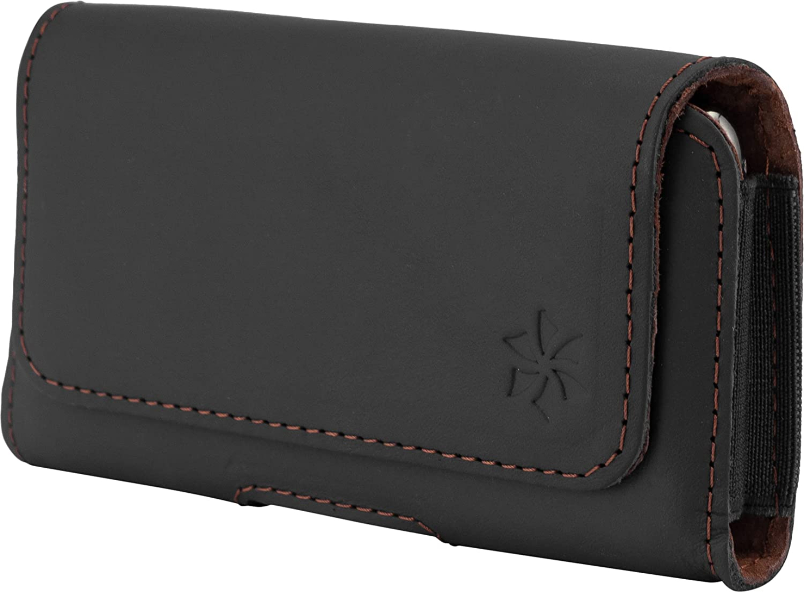 Eine schwarze Leder-Handyhülle mit braunen Nähten und einem Logo.