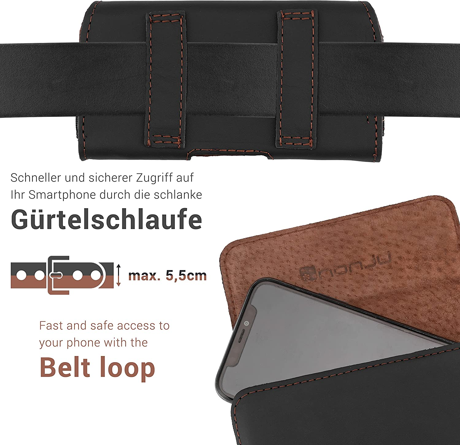 Eine schwarze Leder-Gürtelschlaufentasche mit einem Handy darin und Text auf Deutsch.