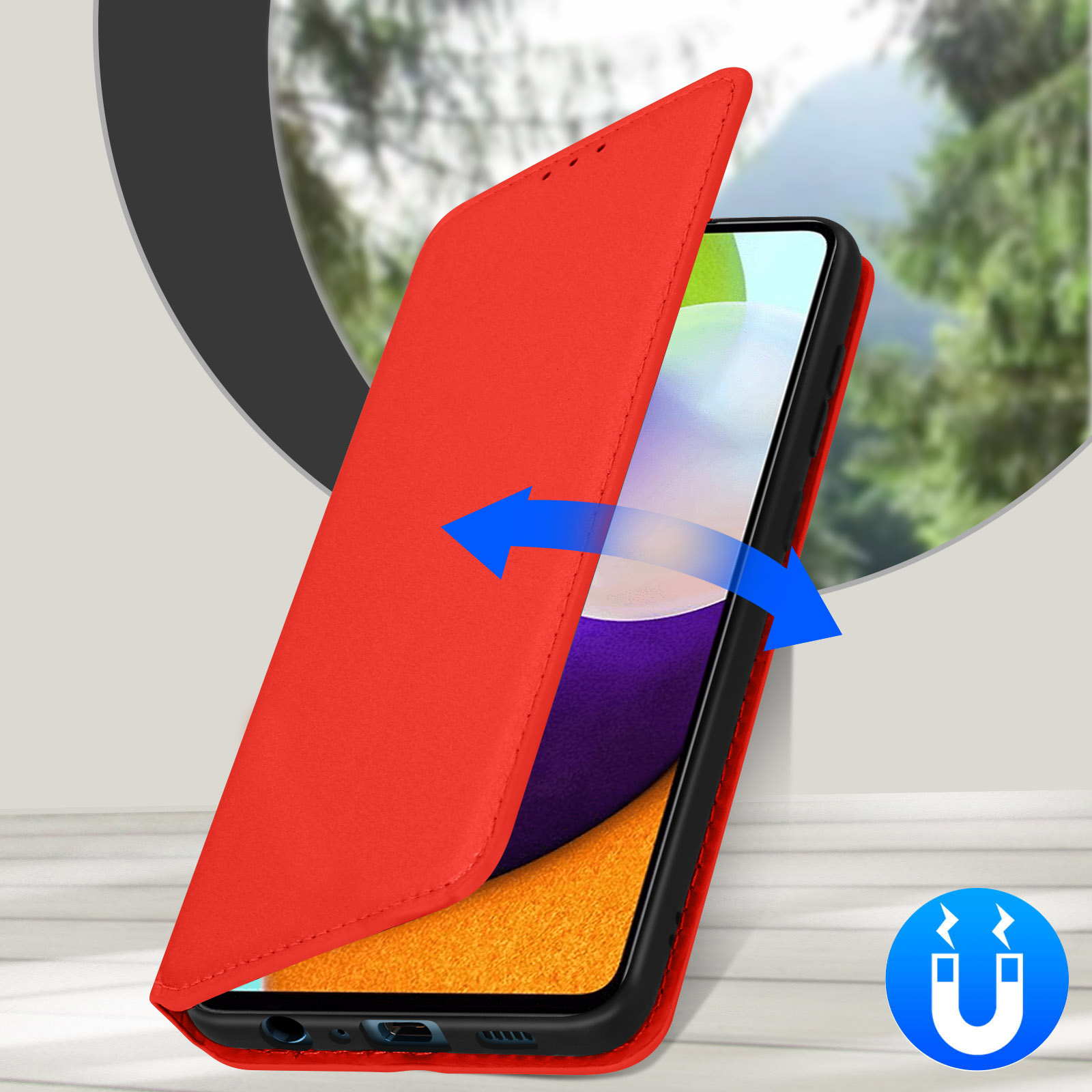 Custodia rossa per telefono con schermo che mostra un telefono. Freccia blu indica apertura.