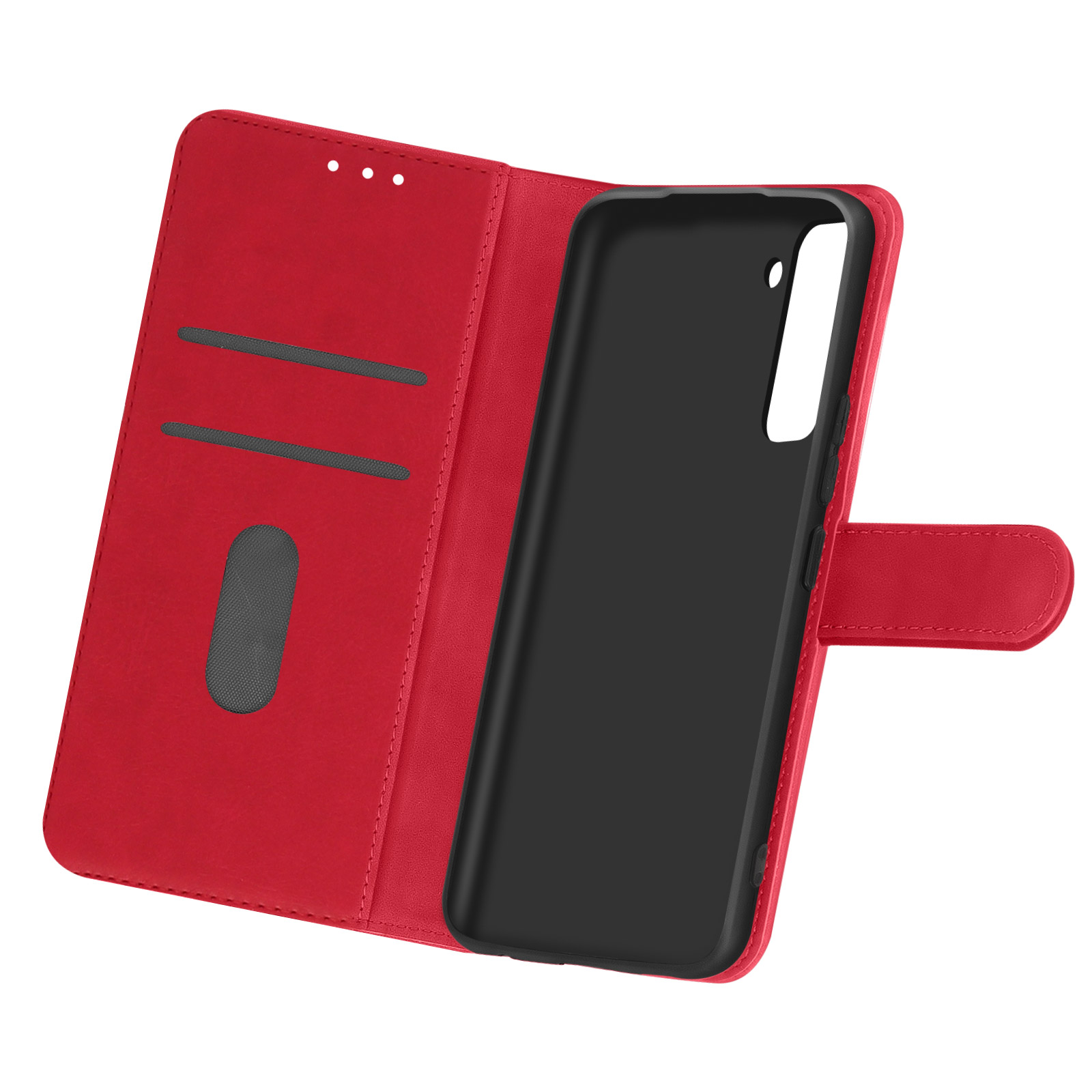 Custodia per telefono rossa aperta, che rivela un interno nero e slot.