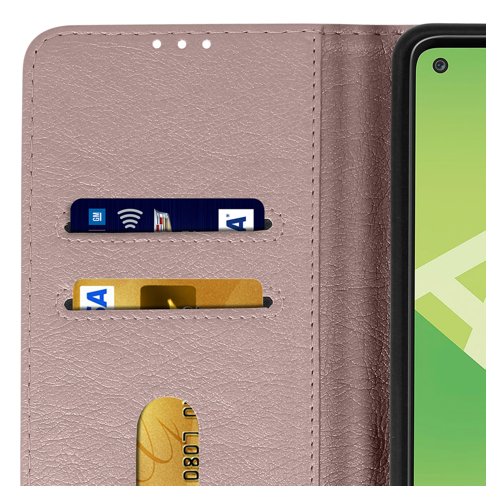 Custodia rosa con scomparti per carte. Carte con loghi. Schermo del telefono a destra.