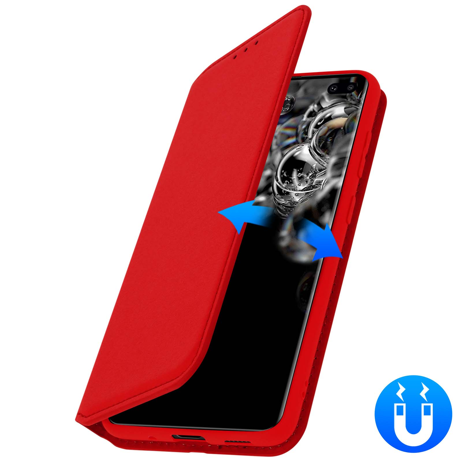 Custodia del telefono rossa aperta, che rivela lo schermo del telefono, con frecce blu e simbolo del magnete.