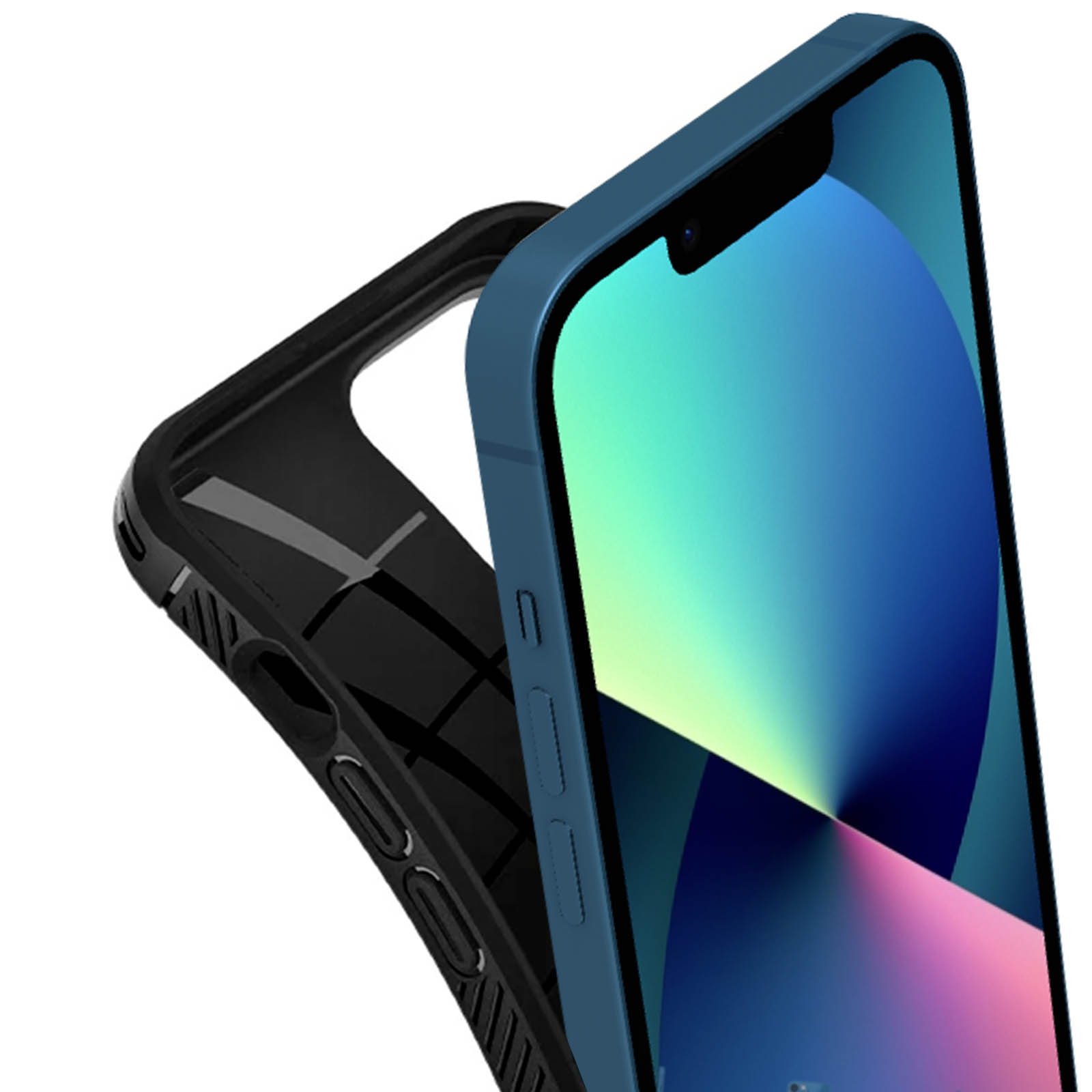 Niebiesko-czarne etui na telefon obok niebieskiego telefonu. To zbliżenie na telefon.