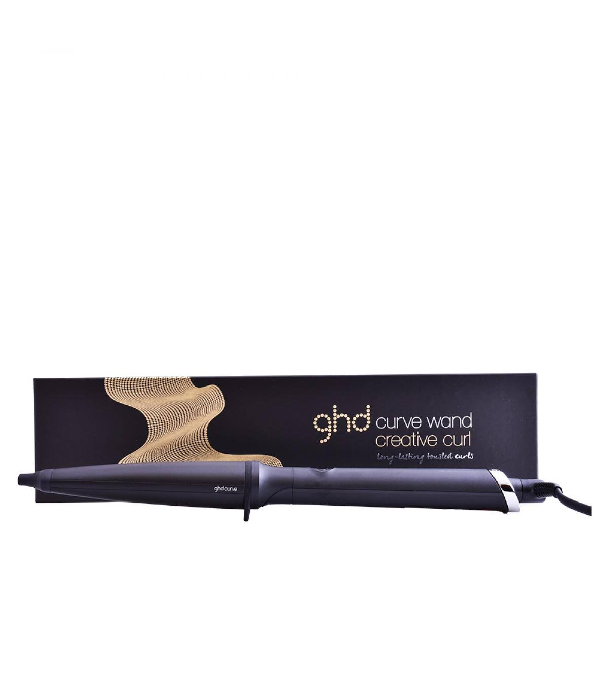 Un arricciacapelli nero con una scatola con le parole 'ghd curve wand creative curl'.