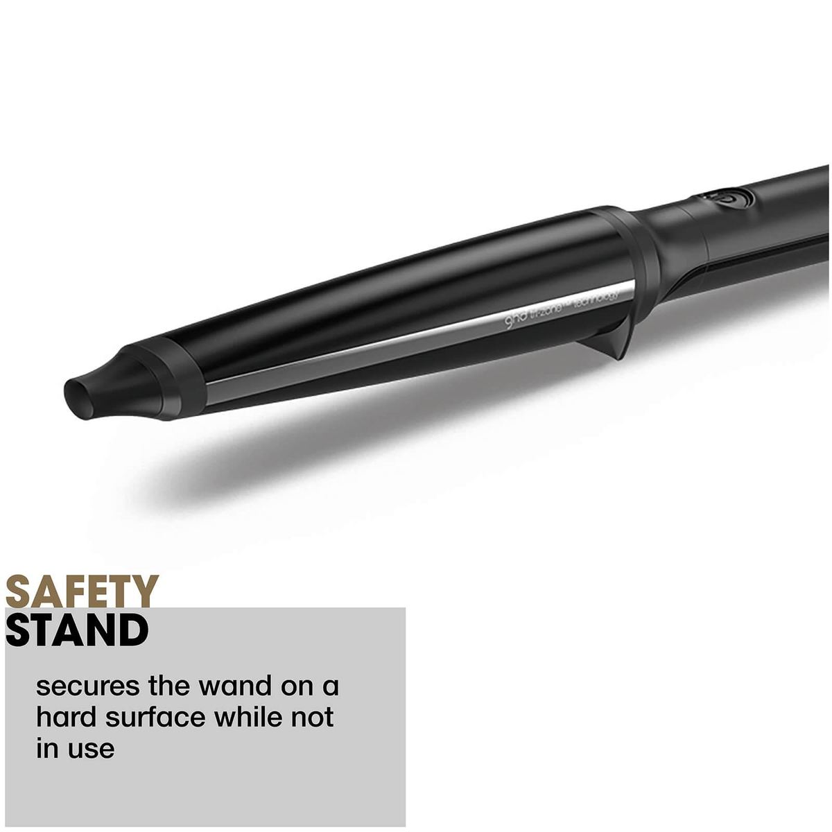 Arricciacapelli nero con un supporto nero. Il testo dice 'SAFETY STAND' e ne descrive la funzione.
