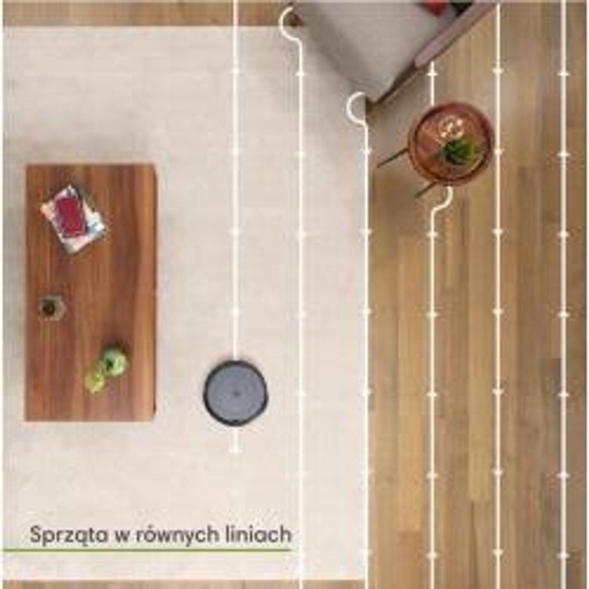 Draufsicht auf einen Raum mit Holztisch und Roboter-Staubsauger, der einen Teppich reinigt.