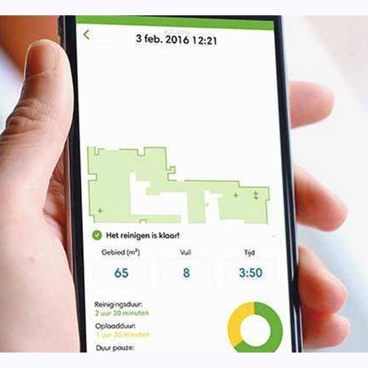 Ekran telefonu pokazuje mapę czyszczenia i dane na białym tle.