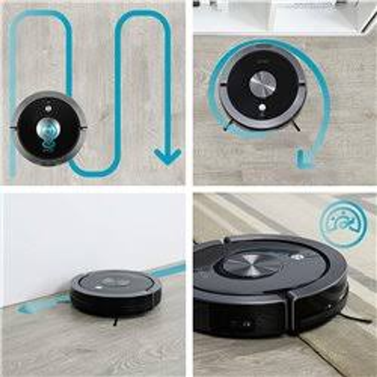 Vier Bilder zeigen einen Roboter-Staubsauger, der einen Holzboden mit blauem Pfad reinigt.