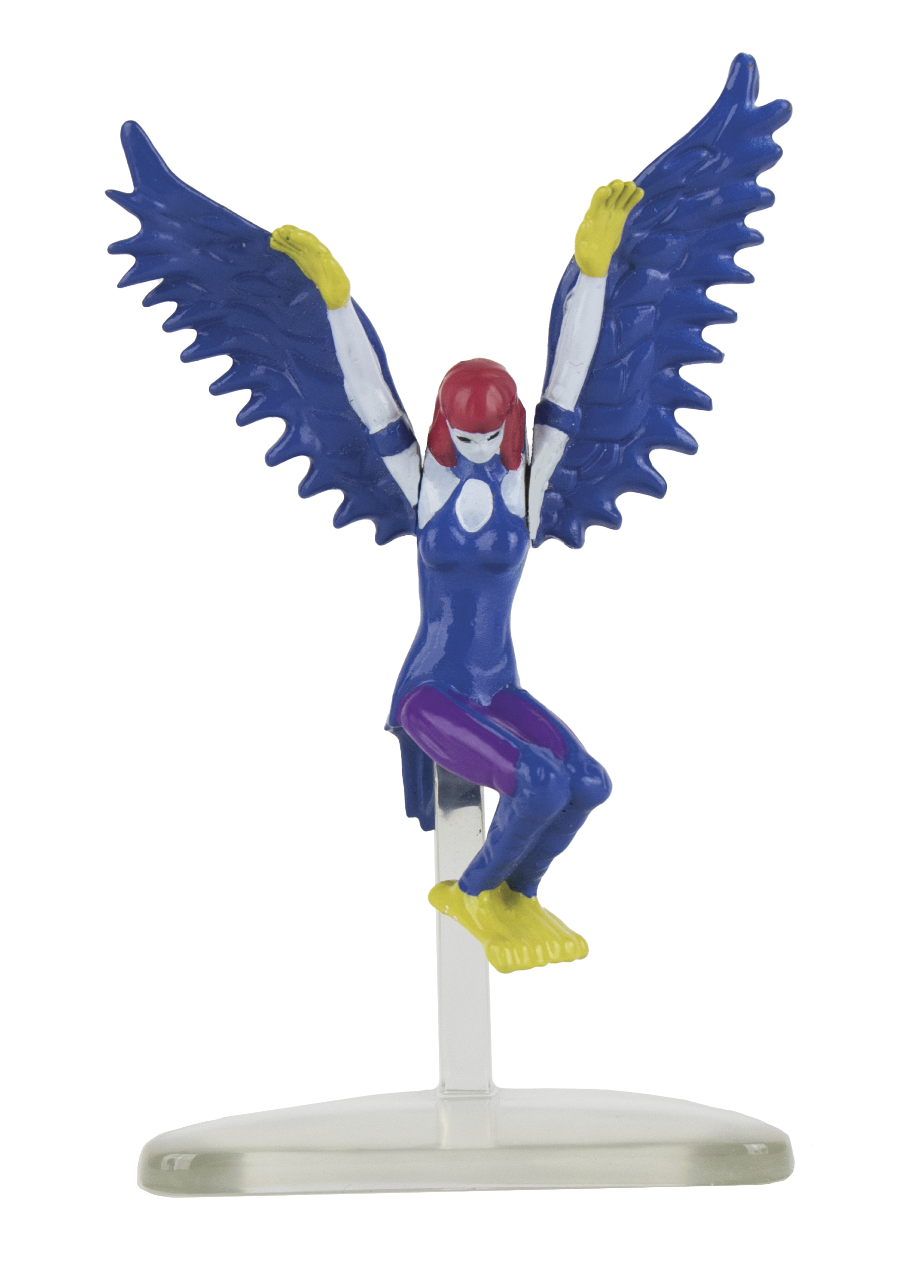 Eine Figur einer Frau mit blauen Flügeln und einem blauen Anzug. Sie steht auf einem Ständer.