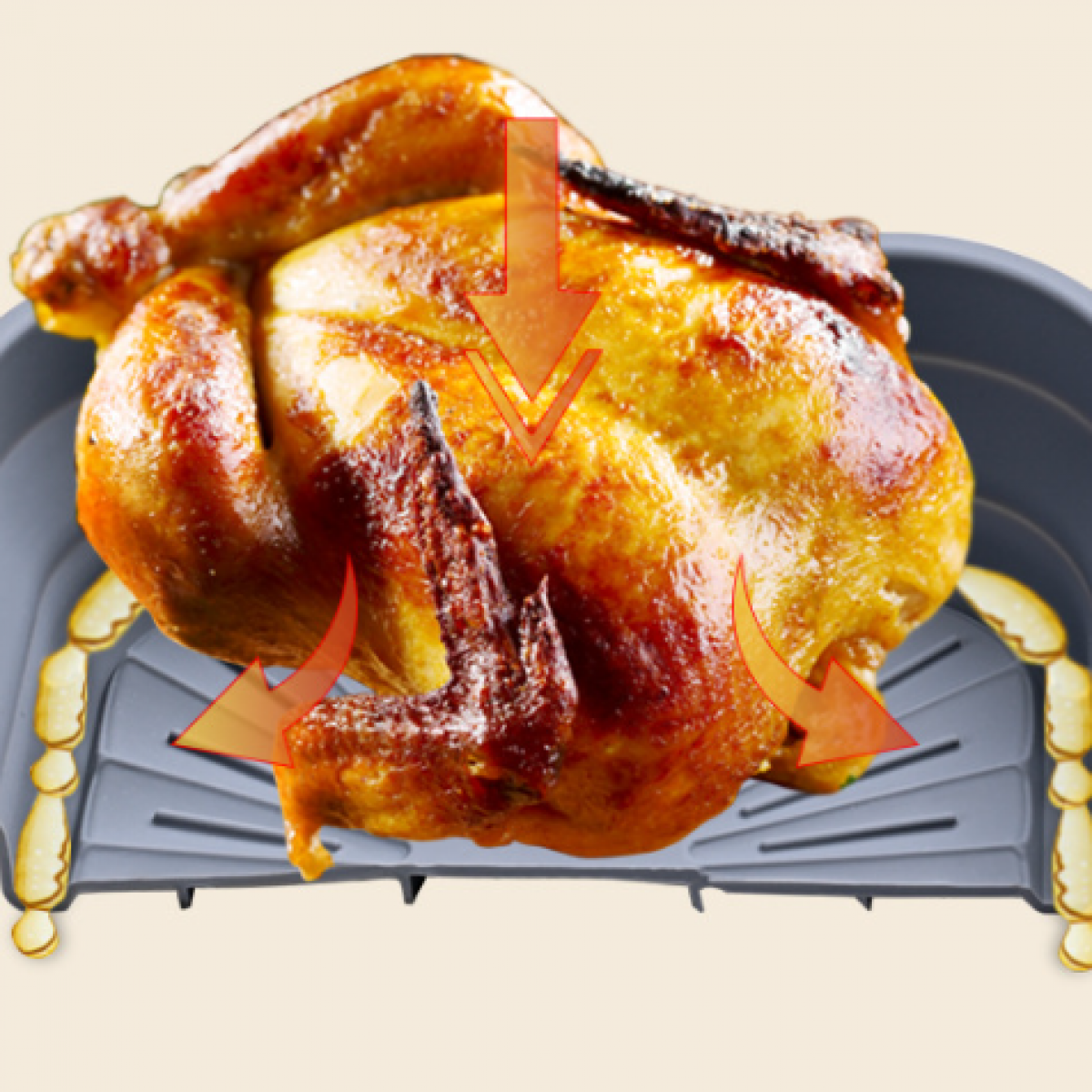 Geroosterde kip in een grijze airfryer mand. Pijlen tonen de warmtestroom.