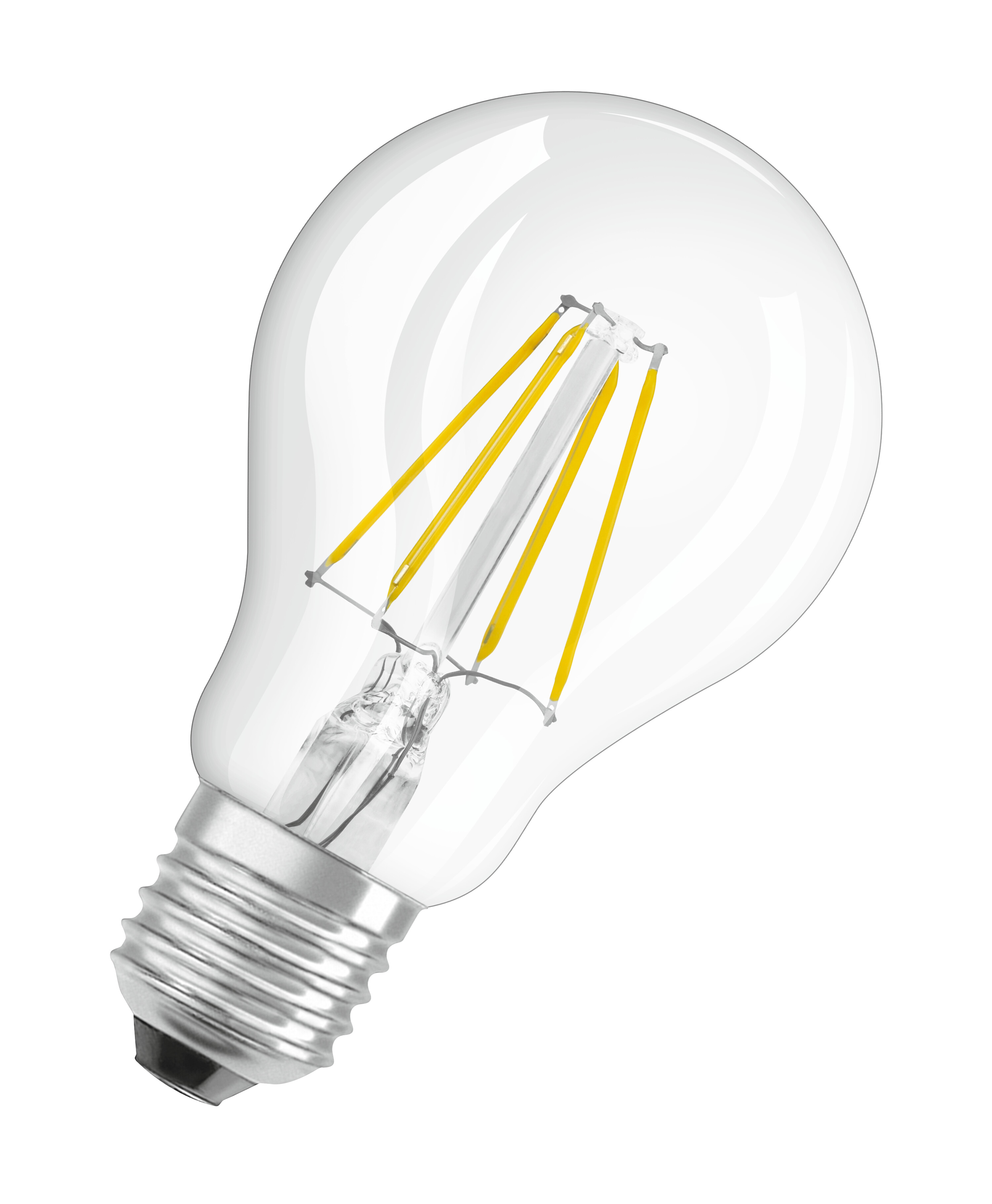 Una lampadina trasparente a forma di goccia con filamenti LED gialli all'interno e una base argentata.
