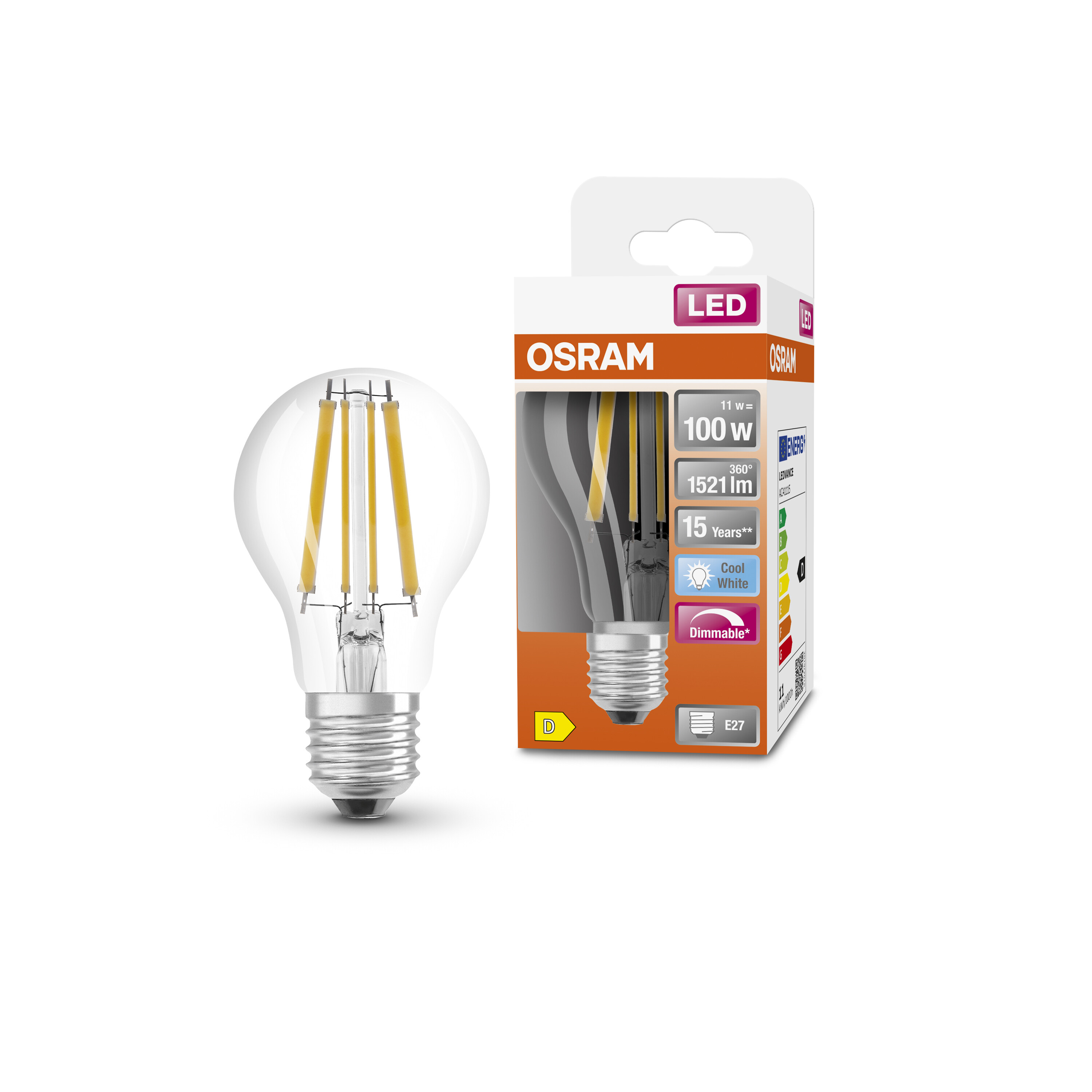Lampadina LED in vetro trasparente accanto all'imballaggio, marchio Osram, attacco E27.
