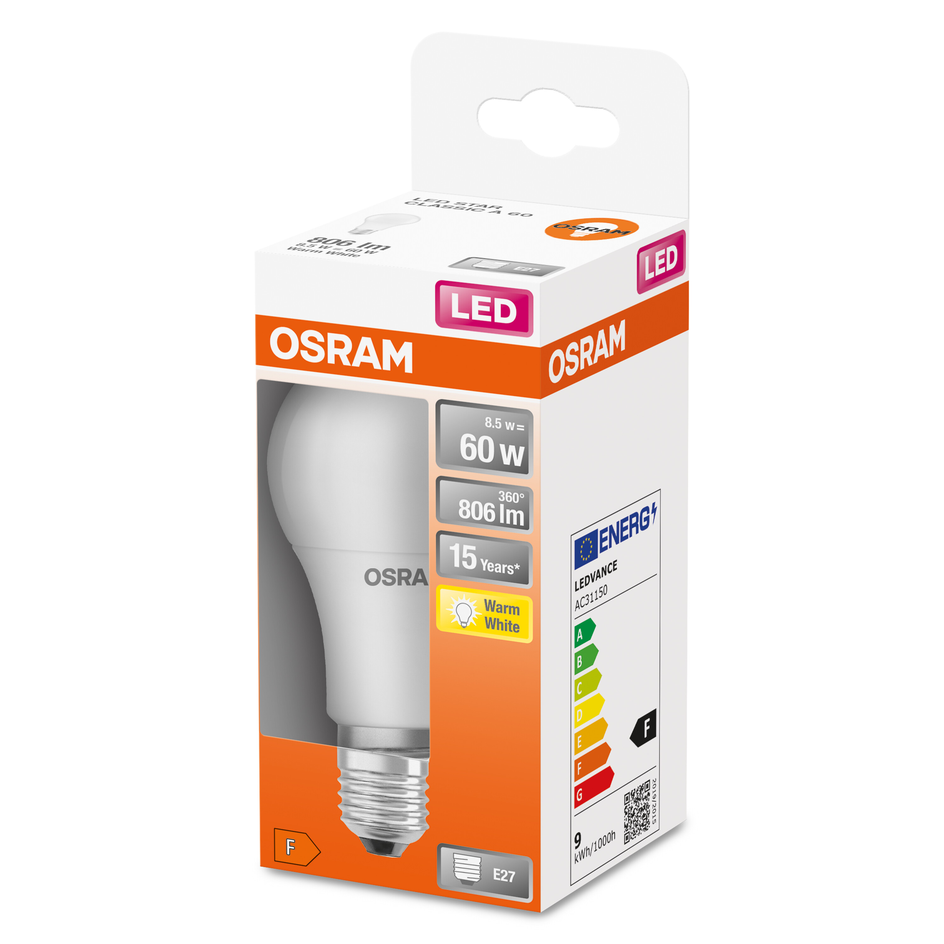 BOX weiß 60 8,5W/827 non-dim 806 SMD/HeatSink Lumen matt Warm OSRAM  STAR E27 LED CLA 806LM LED-Lampe