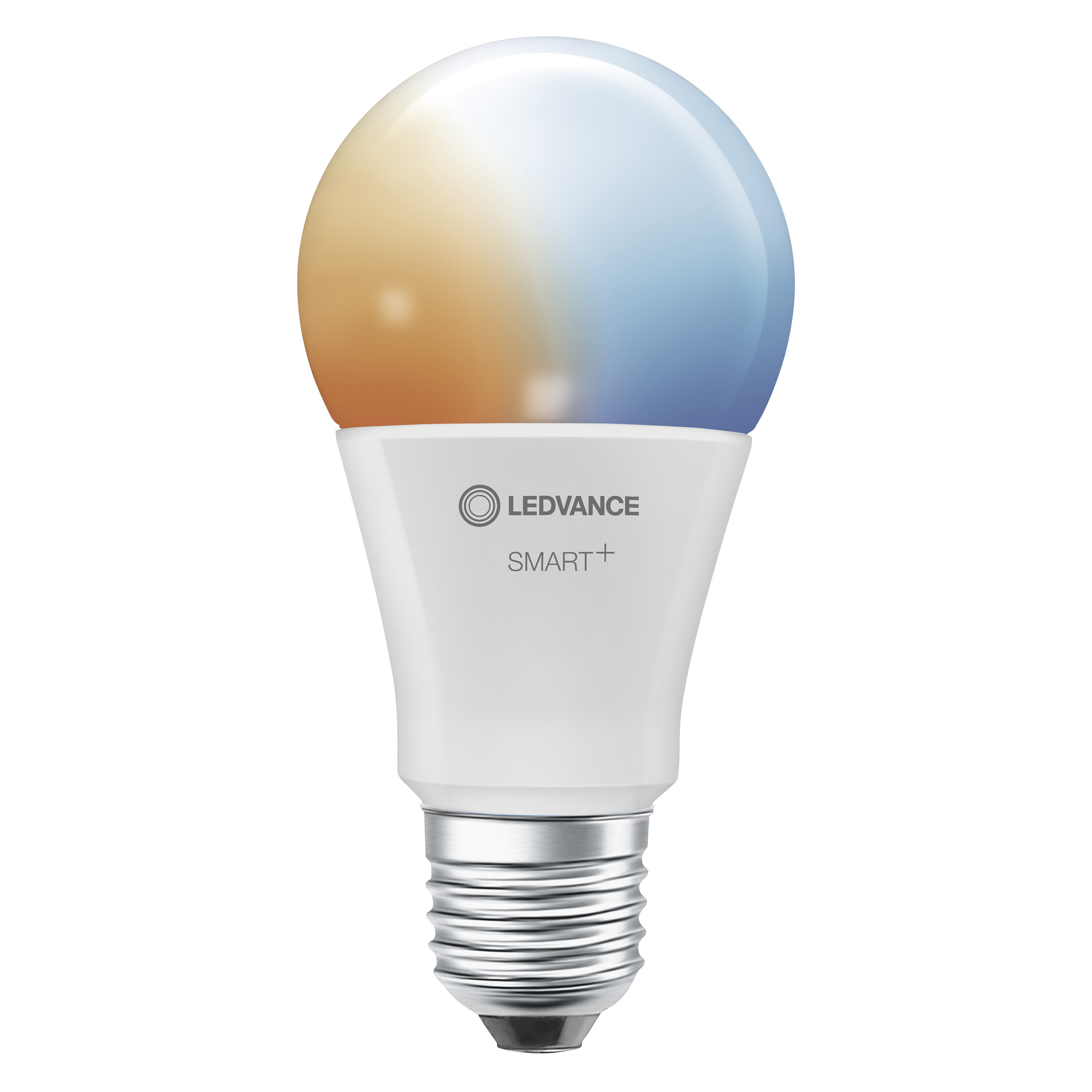 Weiße smarte LED-Glühbirne mit orangefarbener und blauer Lichtverteilung.
