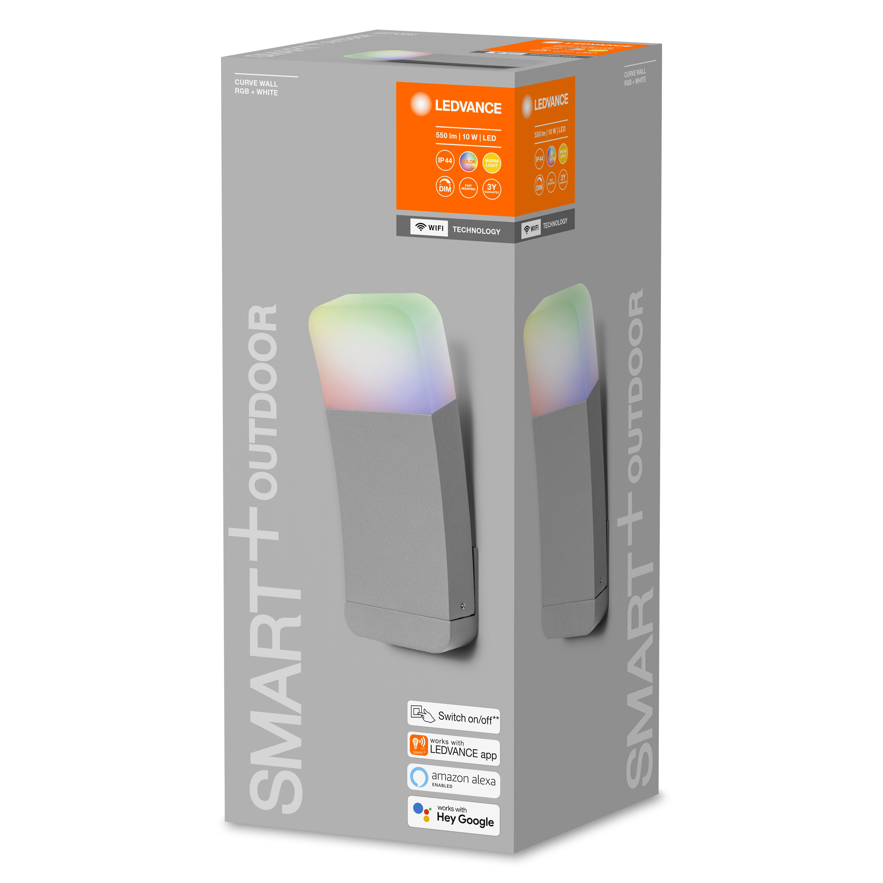 Verpackte Outdoor-Smart-LED-Lampe mit Farbwechsel und Produktinformationen.