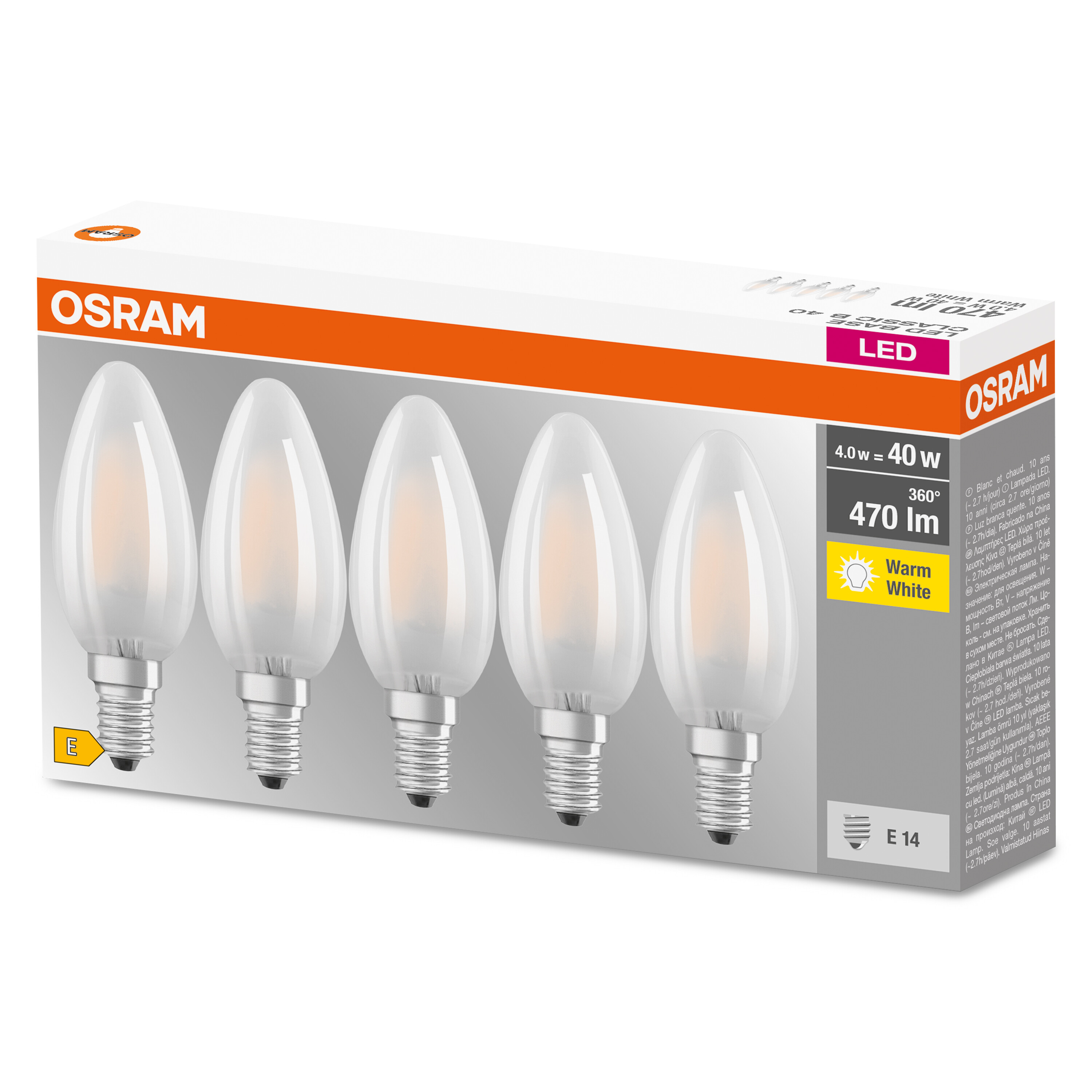 Boîte de 5 ampoules LED. Elles ont la forme d'une bougie et brillent d'une lumière blanche chaude.