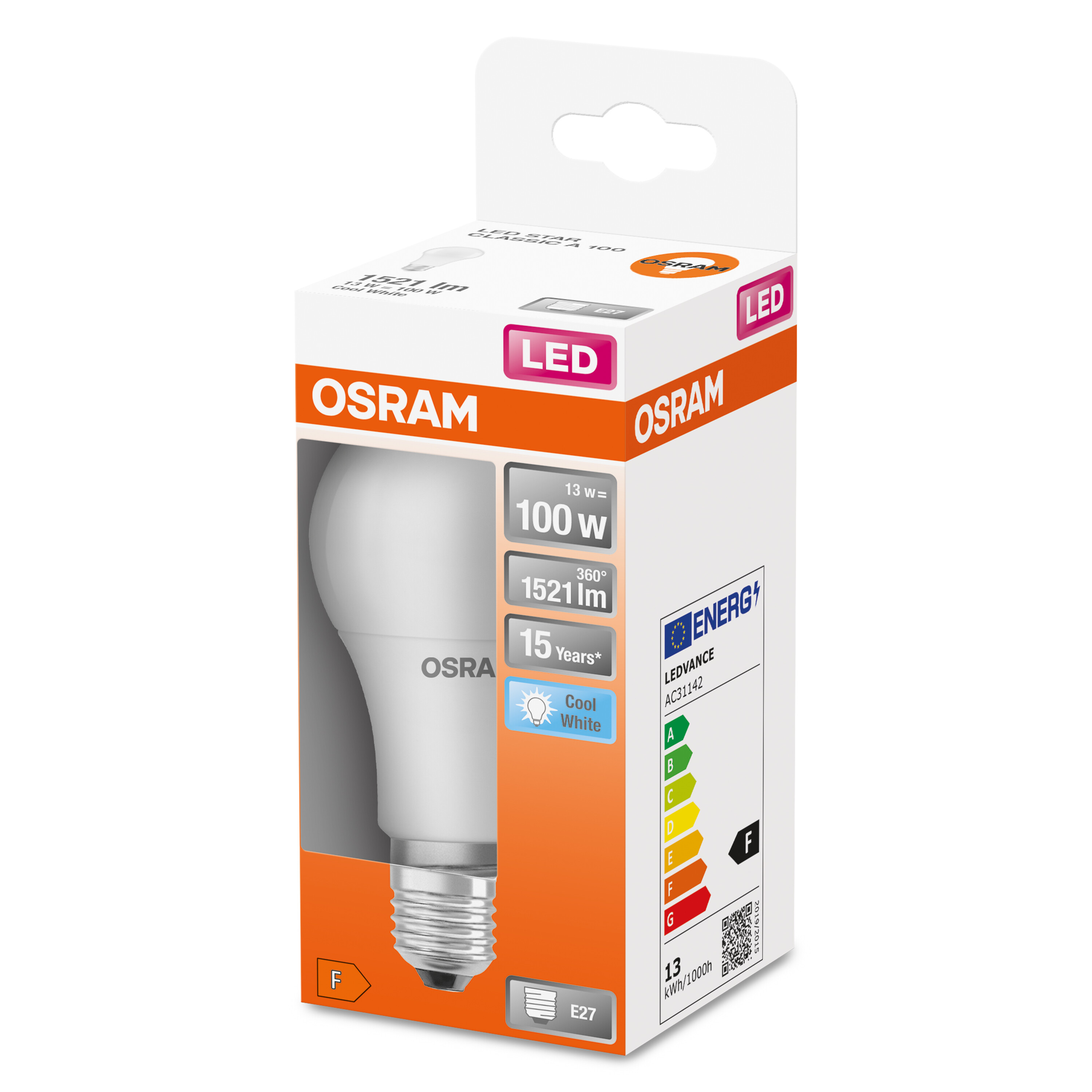 Scatola di lampadina LED Osram bianca. Caratteristiche: 13W, 100W, 1521lm, 15 anni, bianco freddo. Etichetta energetica. Sfondo bianco.