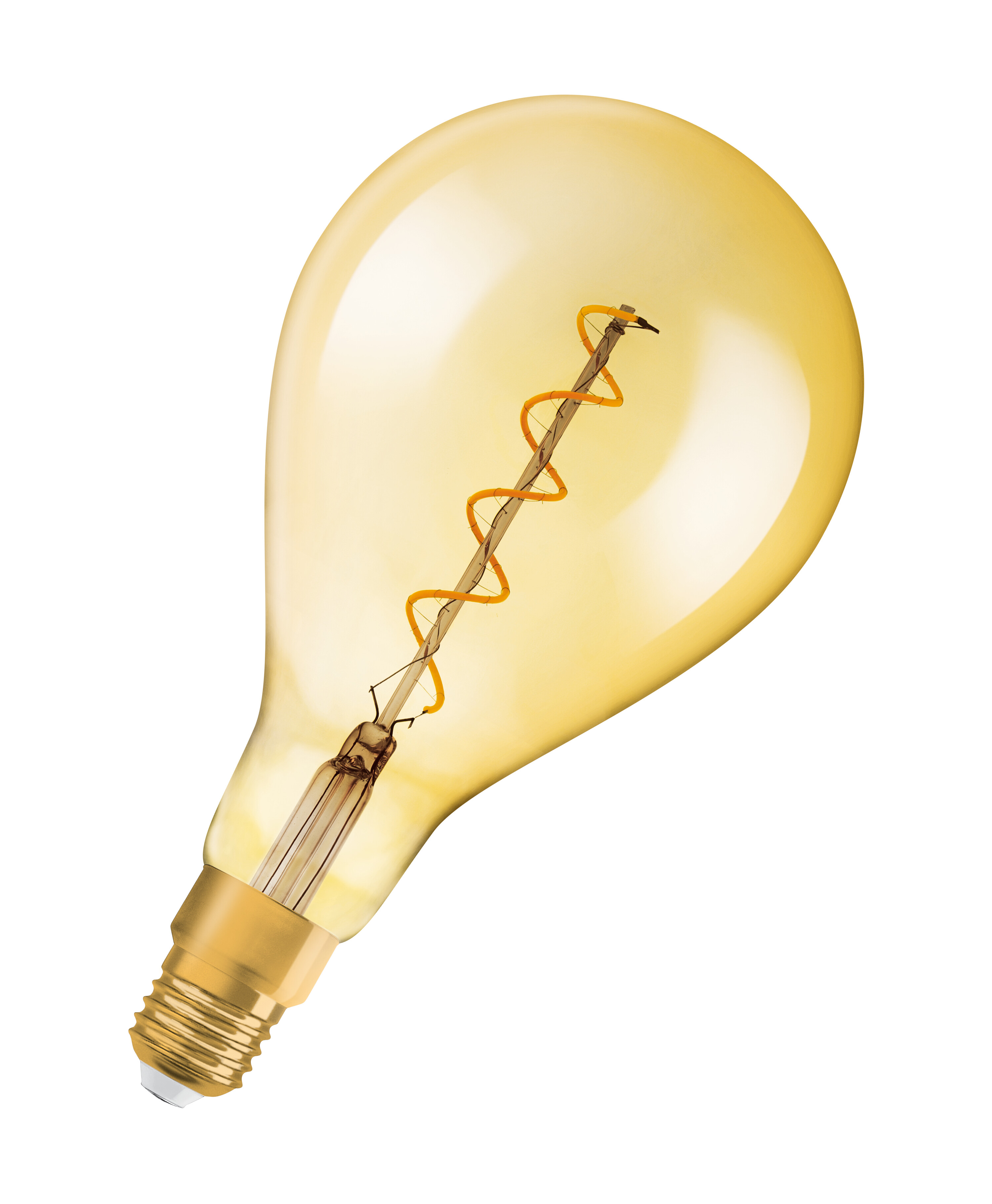 Eine gelb getönte Edison-Glühbirne mit Wendelfaden und goldfarbenem Sockel auf Weiß.