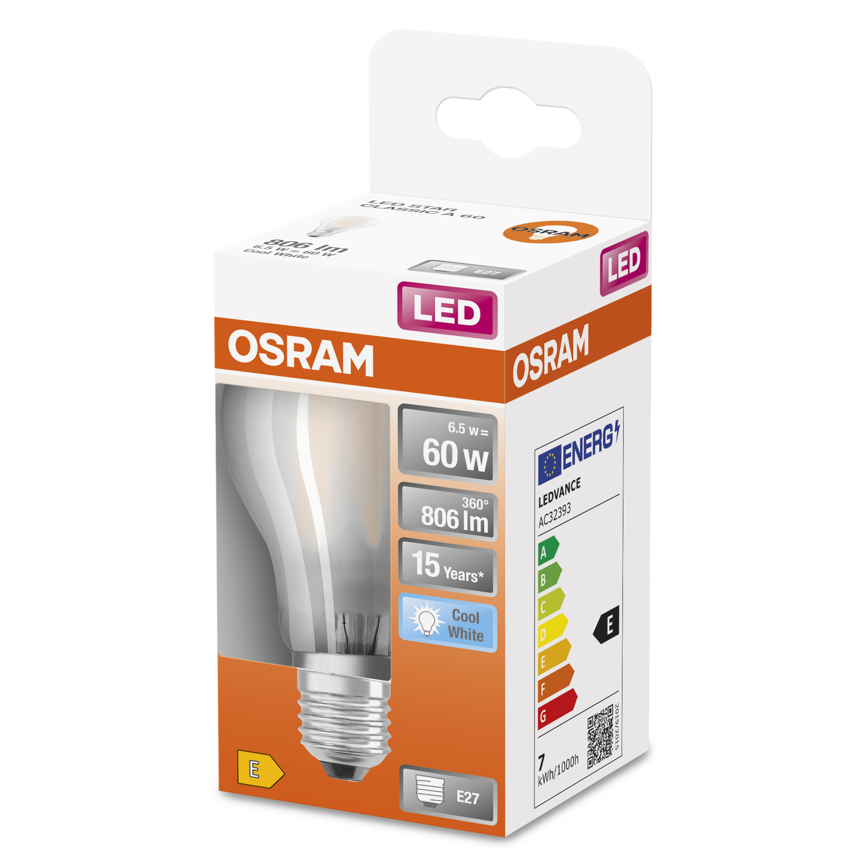 Żarówka LED Osram w opakowaniu. Białe tło, pokazuje żarówkę i informacje o energii.