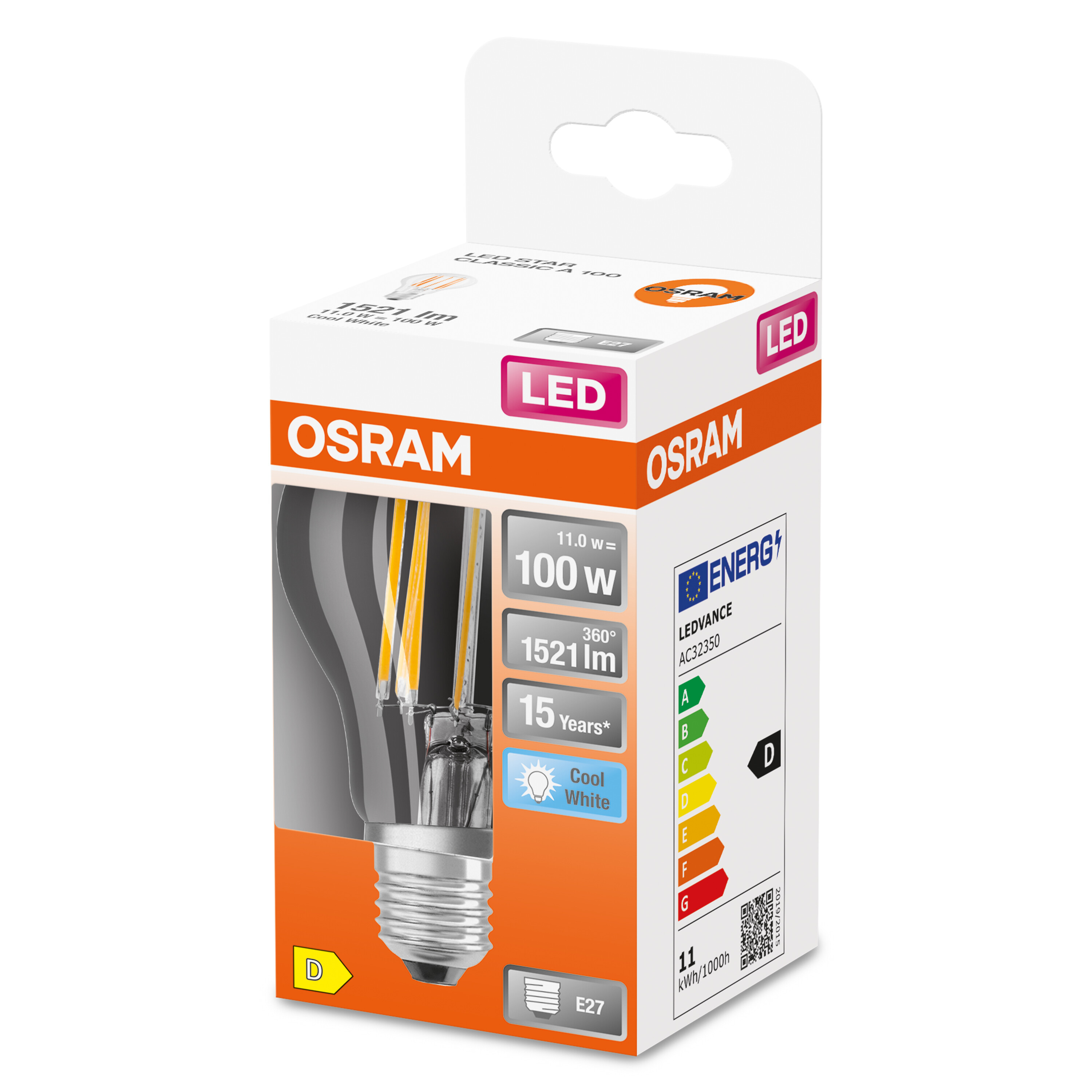 Lampadina LED OSRAM in confezione. La confezione mostra specifiche e dettagli sull'efficienza energetica.